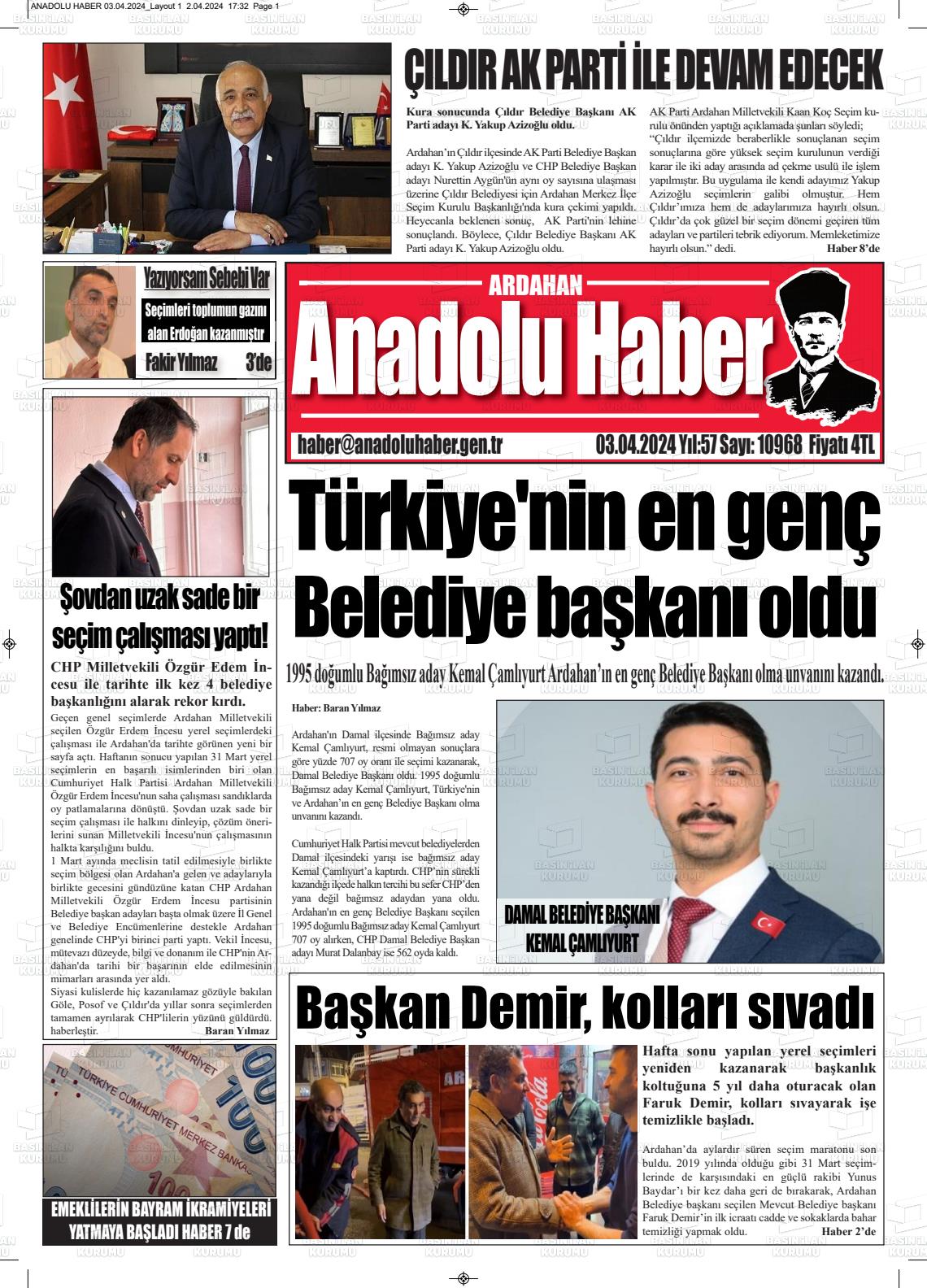 03 Nisan 2024 Ardahan Anadolu Haber Gazete Manşeti