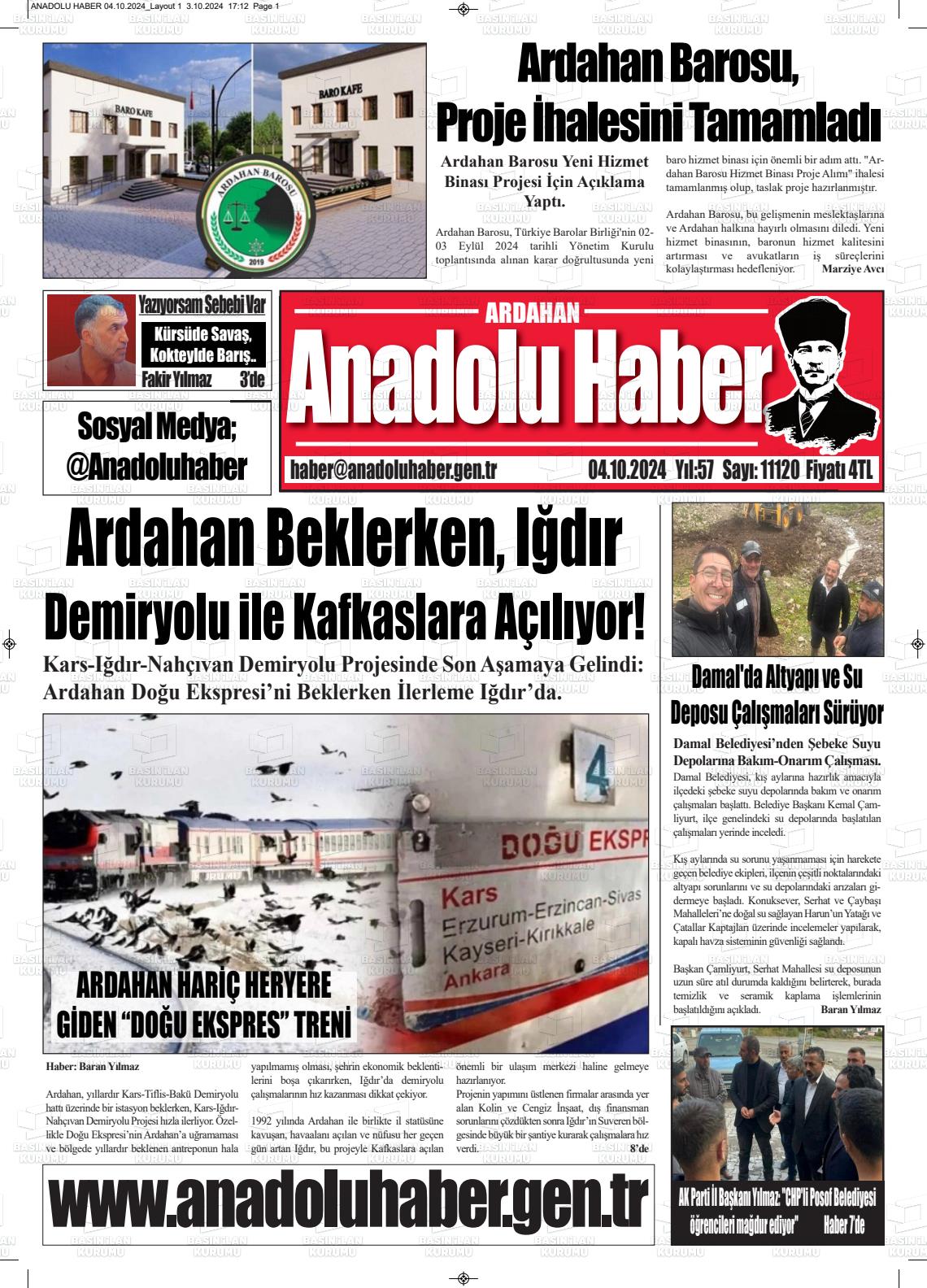 04 Ekim 2024 Ardahan Anadolu Haber Gazete Manşeti