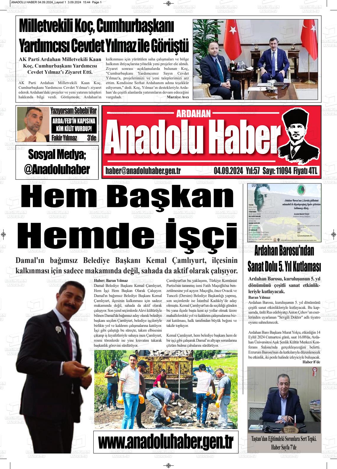 04 Eylül 2024 Ardahan Anadolu Haber Gazete Manşeti