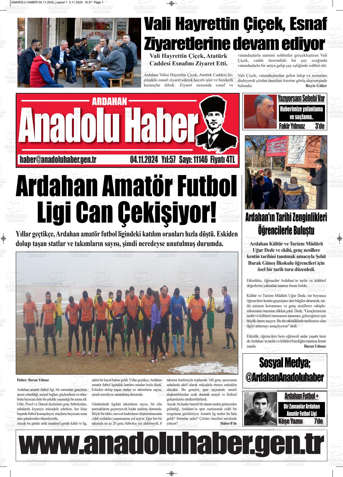 04 Kasım 2024 Ardahan Anadolu Haber Gazete Manşeti