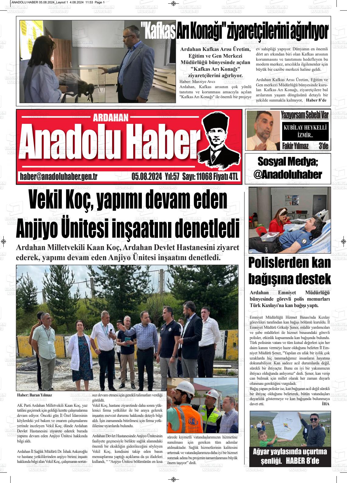 05 Ağustos 2024 Ardahan Anadolu Haber Gazete Manşeti