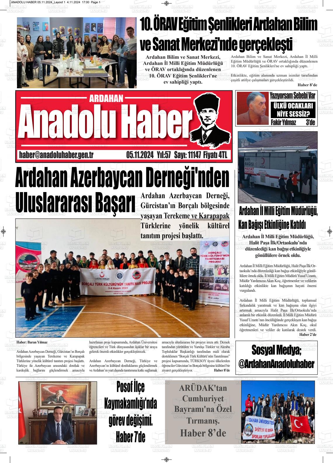 05 Kasım 2024 Ardahan Anadolu Haber Gazete Manşeti