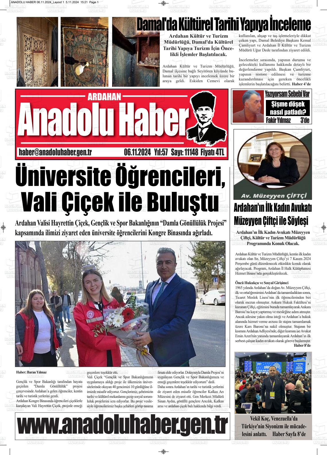 06 Kasım 2024 Ardahan Anadolu Haber Gazete Manşeti