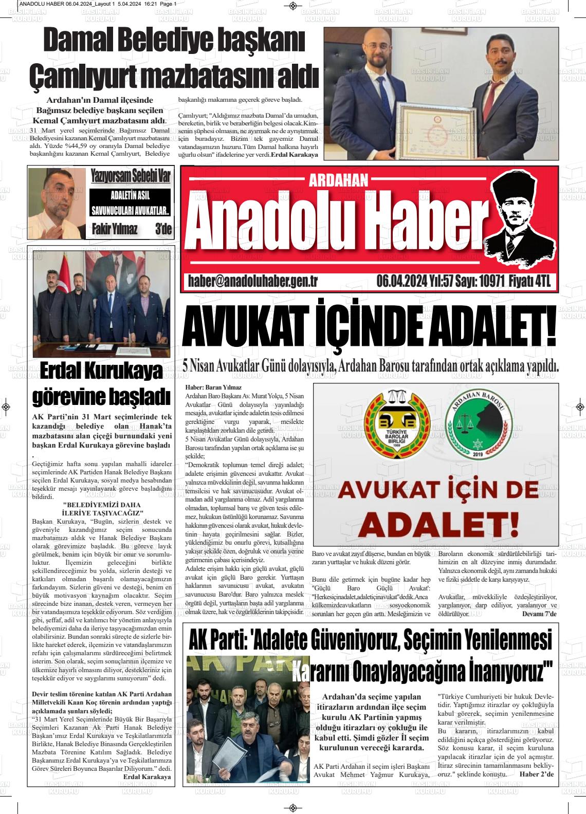 06 Nisan 2024 Ardahan Anadolu Haber Gazete Manşeti