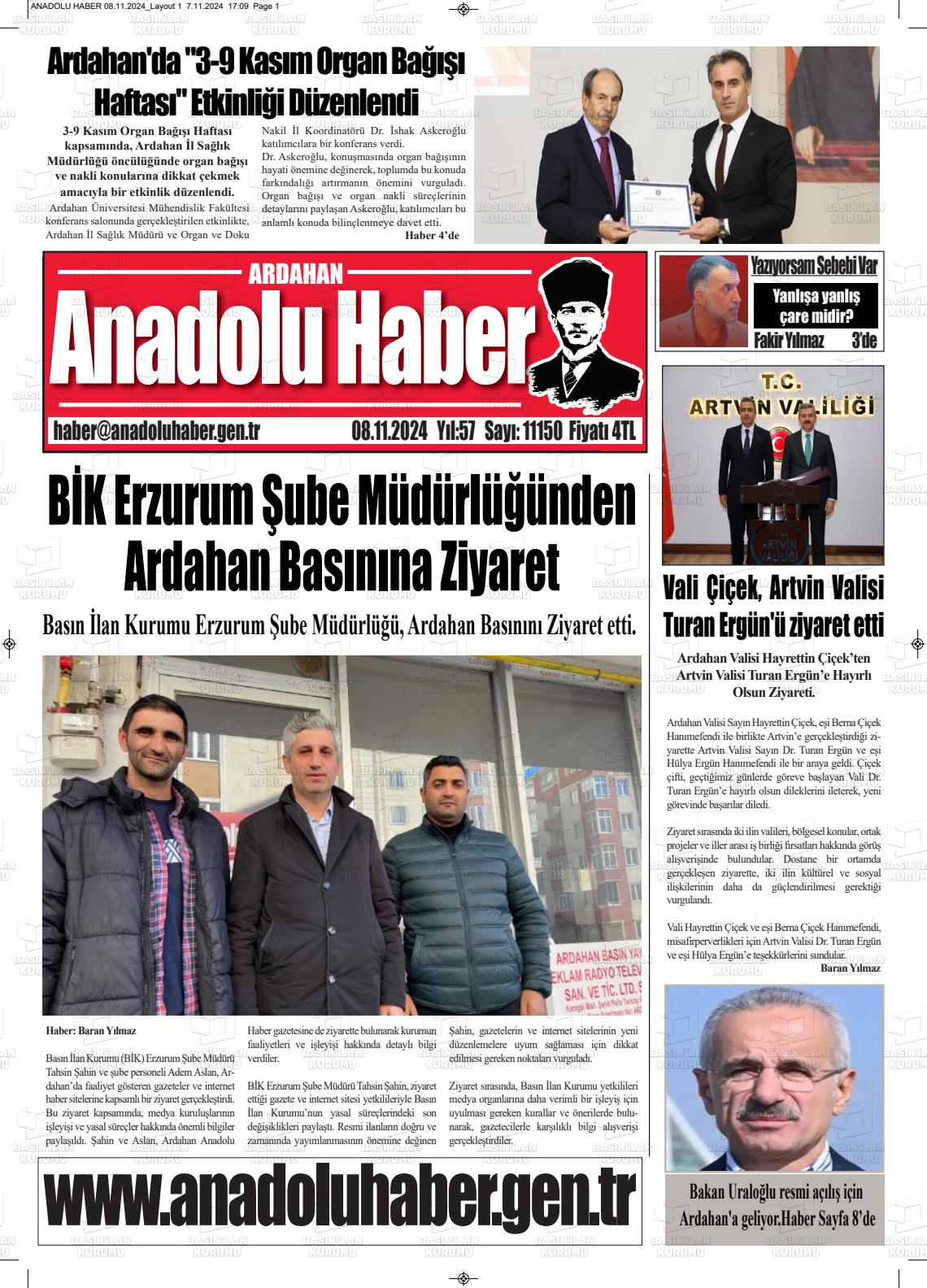 08 Kasım 2024 Ardahan Anadolu Haber Gazete Manşeti