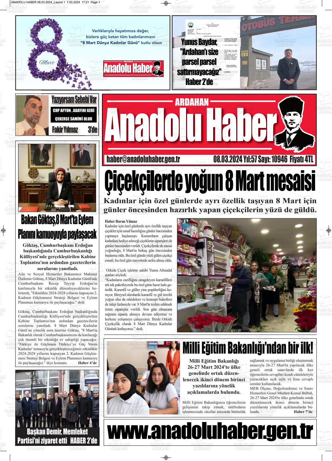 08 Mart 2024 Ardahan Anadolu Haber Gazete Manşeti