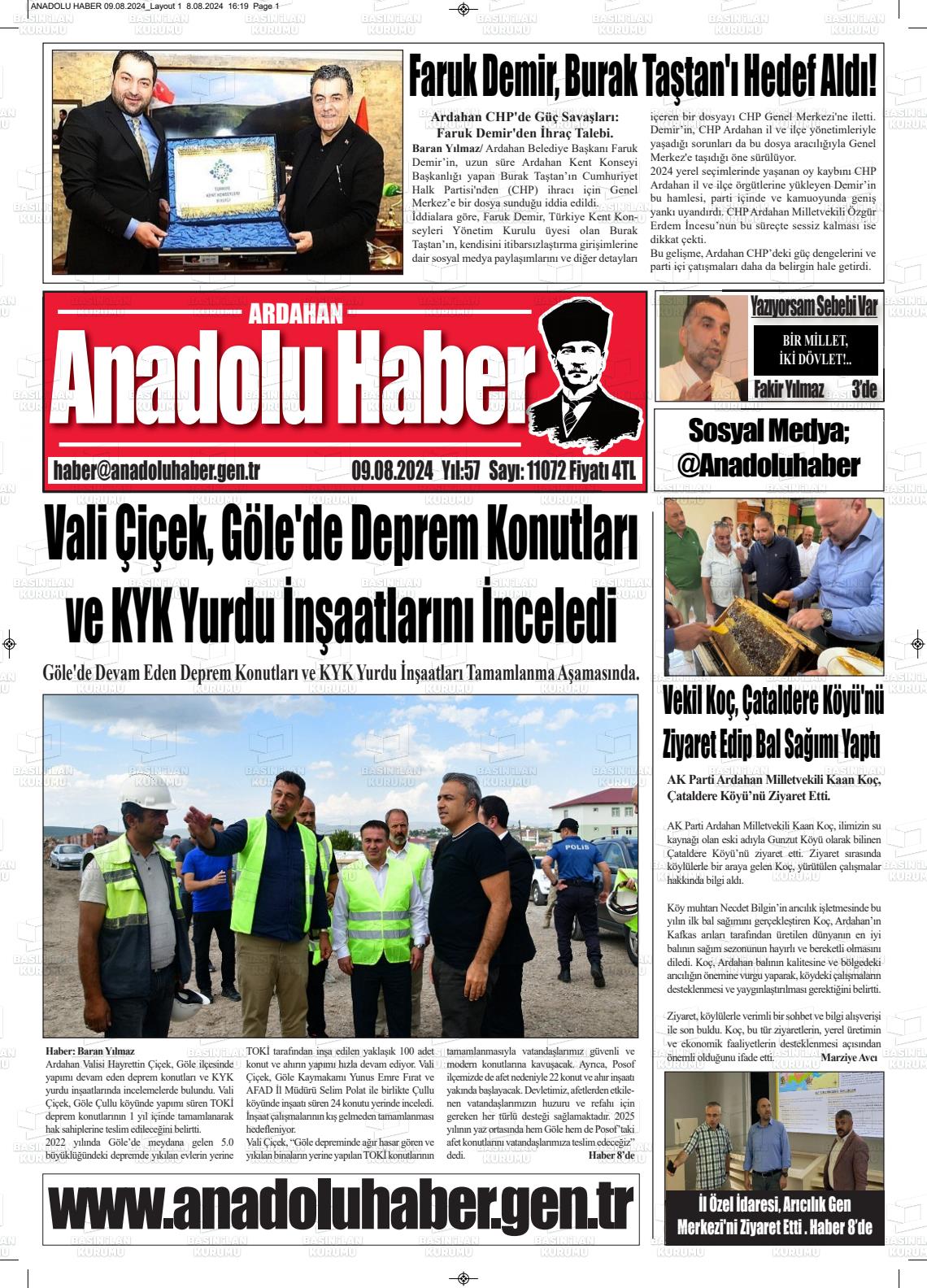 09 Ağustos 2024 Ardahan Anadolu Haber Gazete Manşeti