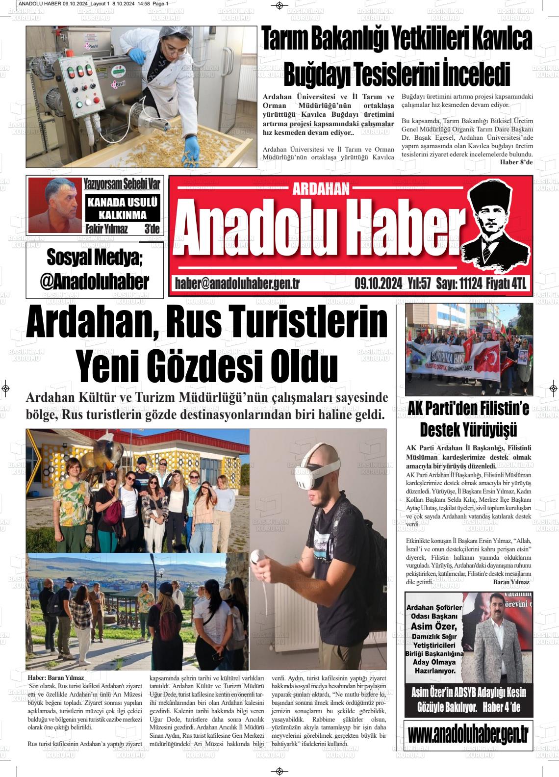 09 Ekim 2024 Ardahan Anadolu Haber Gazete Manşeti