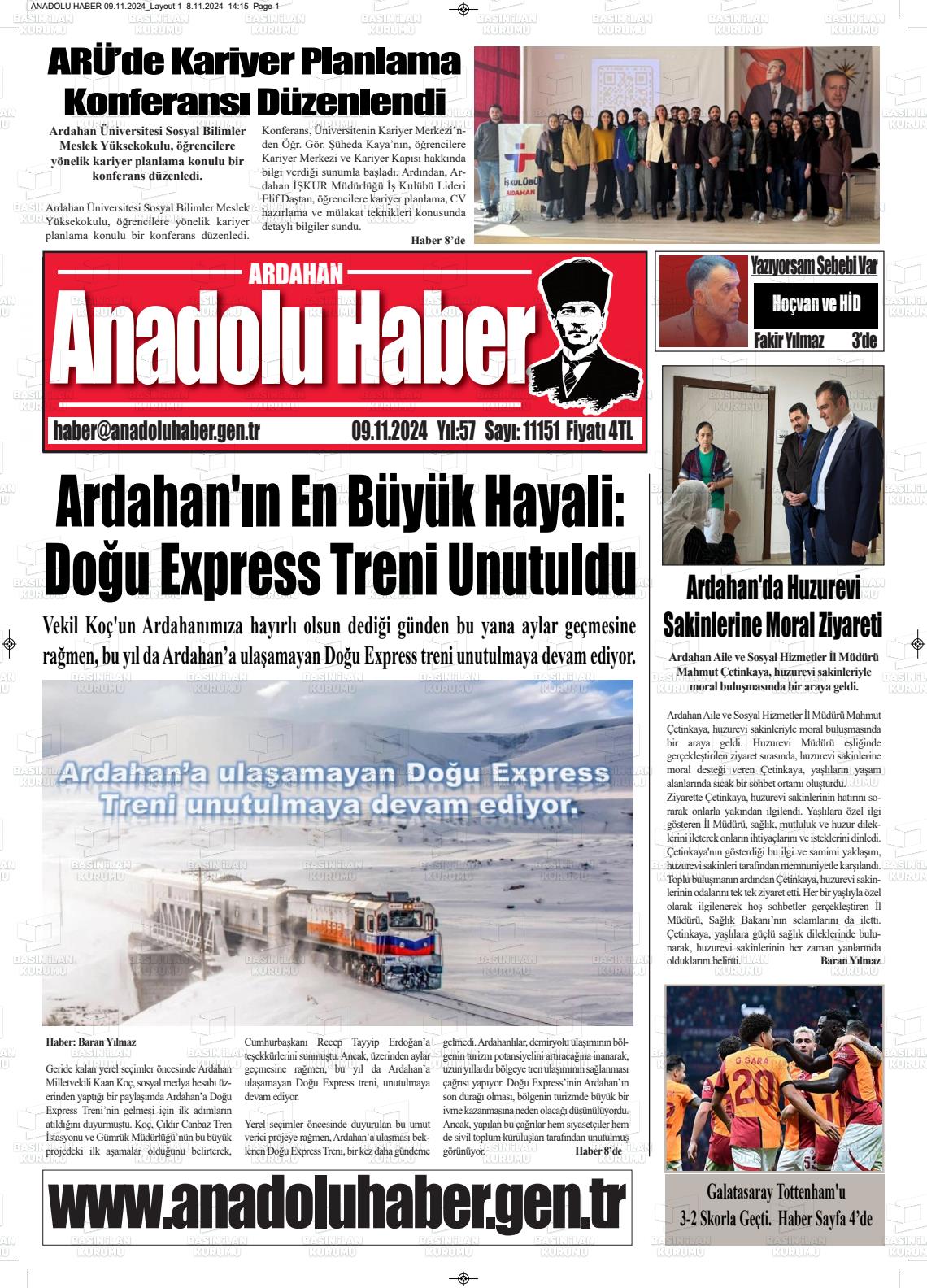 09 Kasım 2024 Ardahan Anadolu Haber Gazete Manşeti