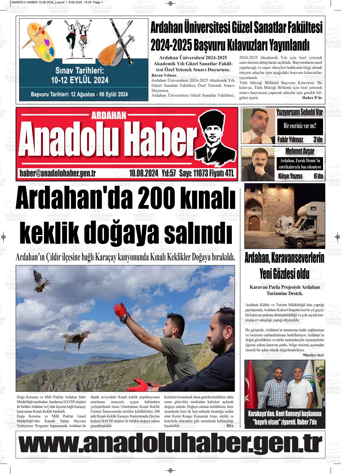 10 Ağustos 2024 Ardahan Anadolu Haber Gazete Manşeti