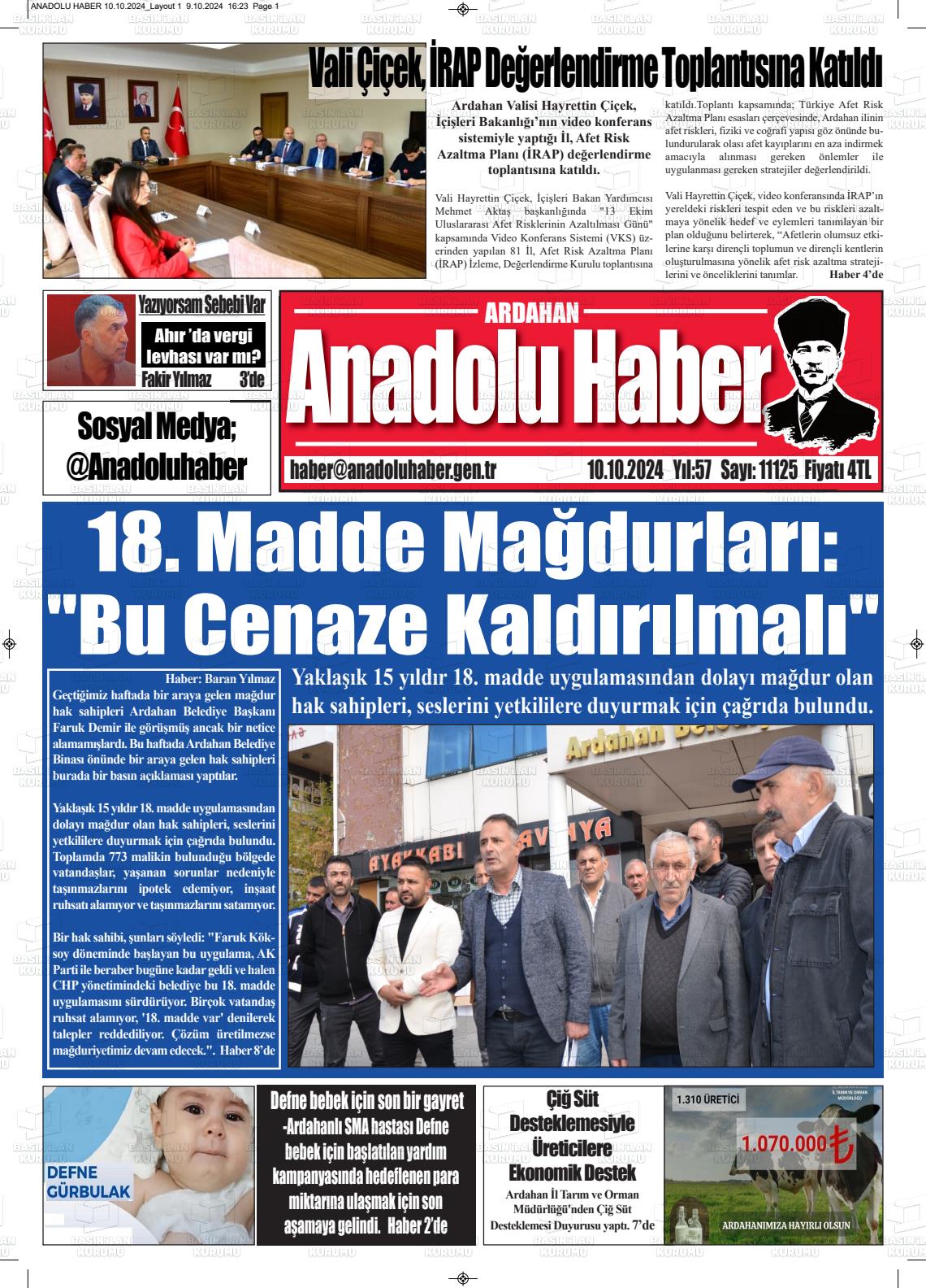 10 Ekim 2024 Ardahan Anadolu Haber Gazete Manşeti