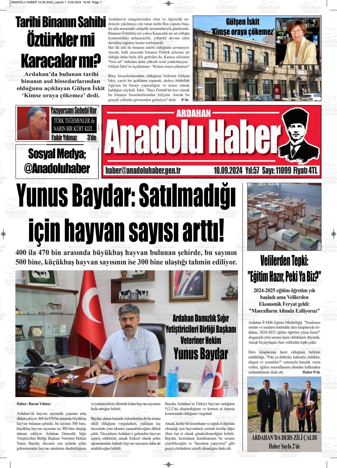 10 Eylül 2024 Ardahan Anadolu Haber Gazete Manşeti