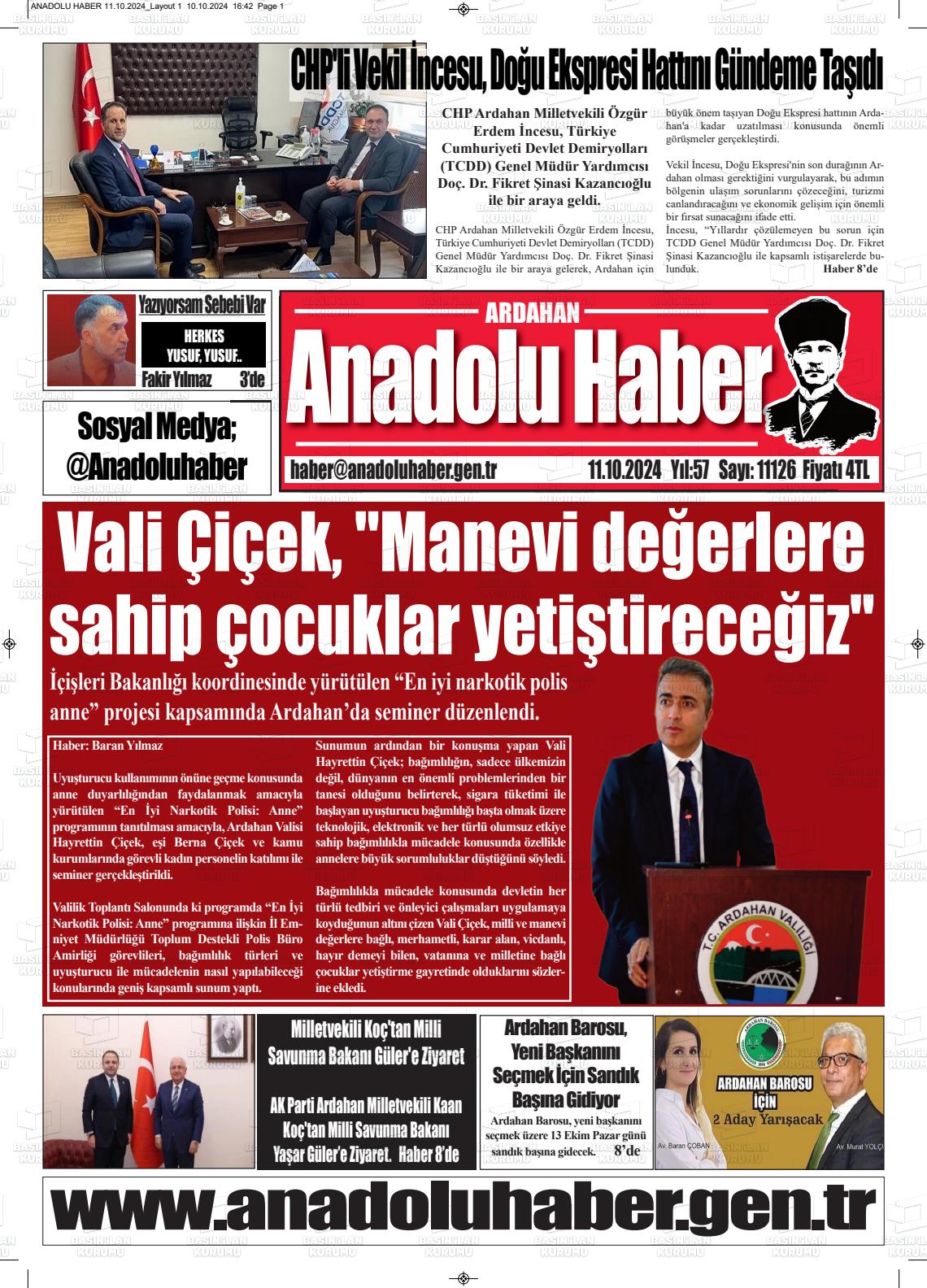 11 Ekim 2024 Ardahan Anadolu Haber Gazete Manşeti