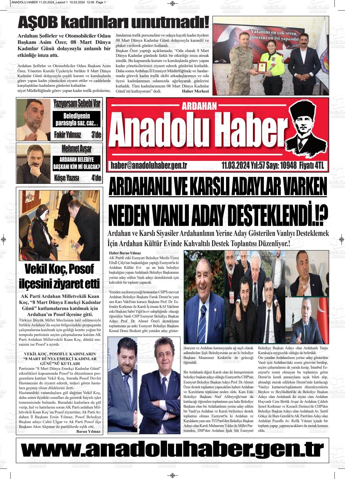 11 Mart 2024 Ardahan Anadolu Haber Gazete Manşeti