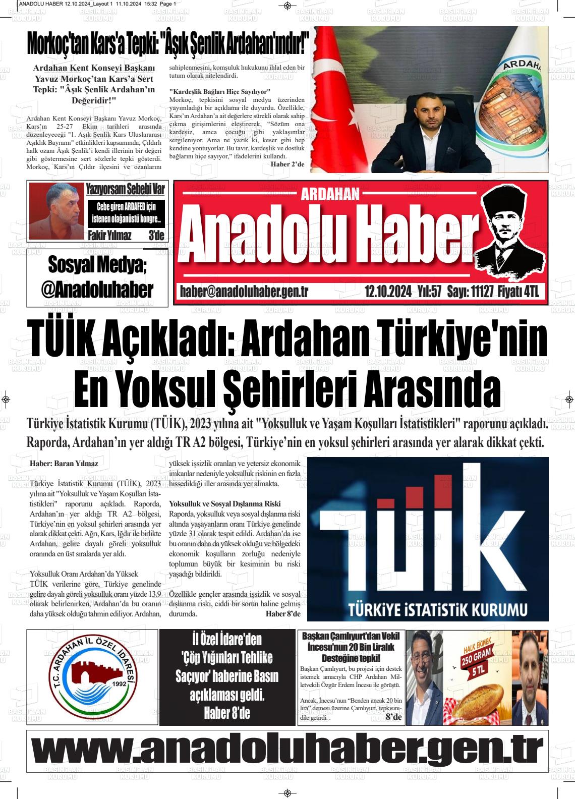 12 Ekim 2024 Ardahan Anadolu Haber Gazete Manşeti