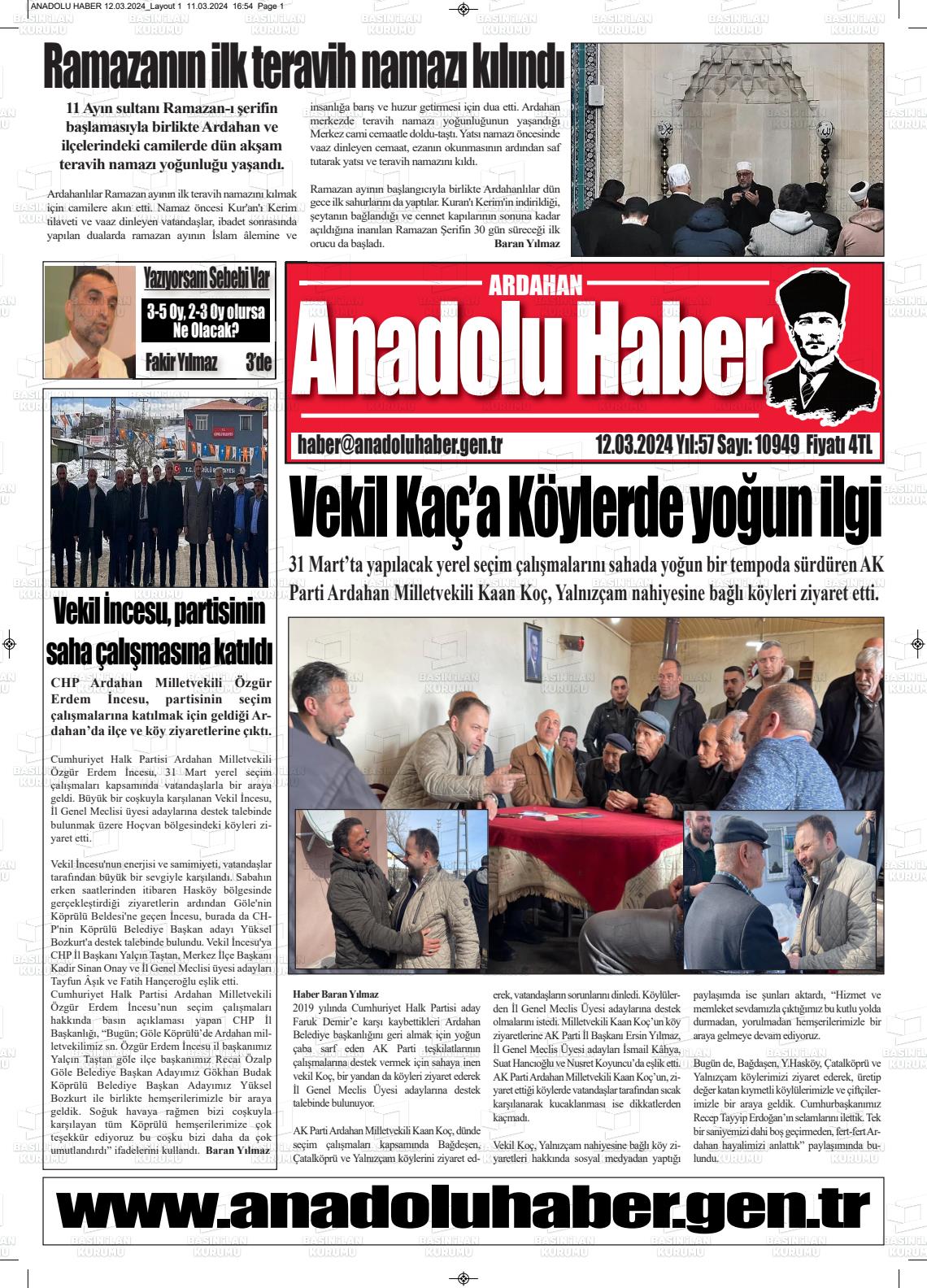 12 Mart 2024 Ardahan Anadolu Haber Gazete Manşeti