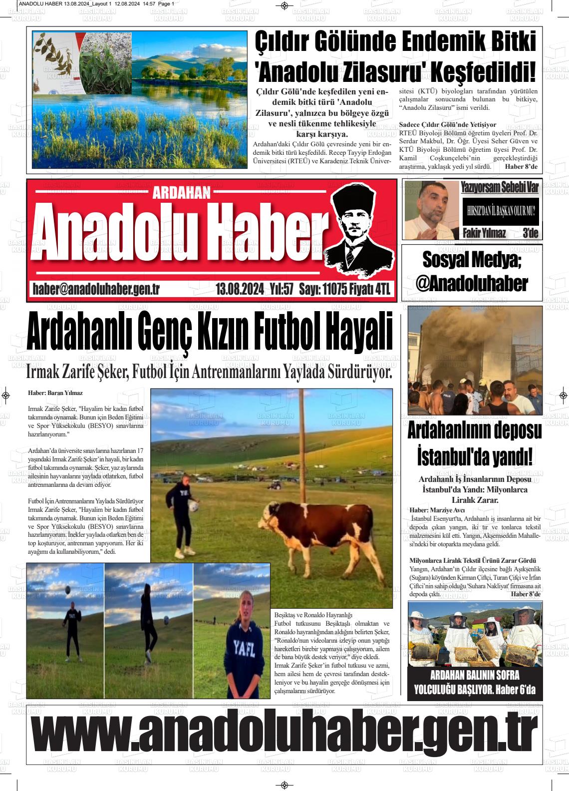 13 Ağustos 2024 Ardahan Anadolu Haber Gazete Manşeti