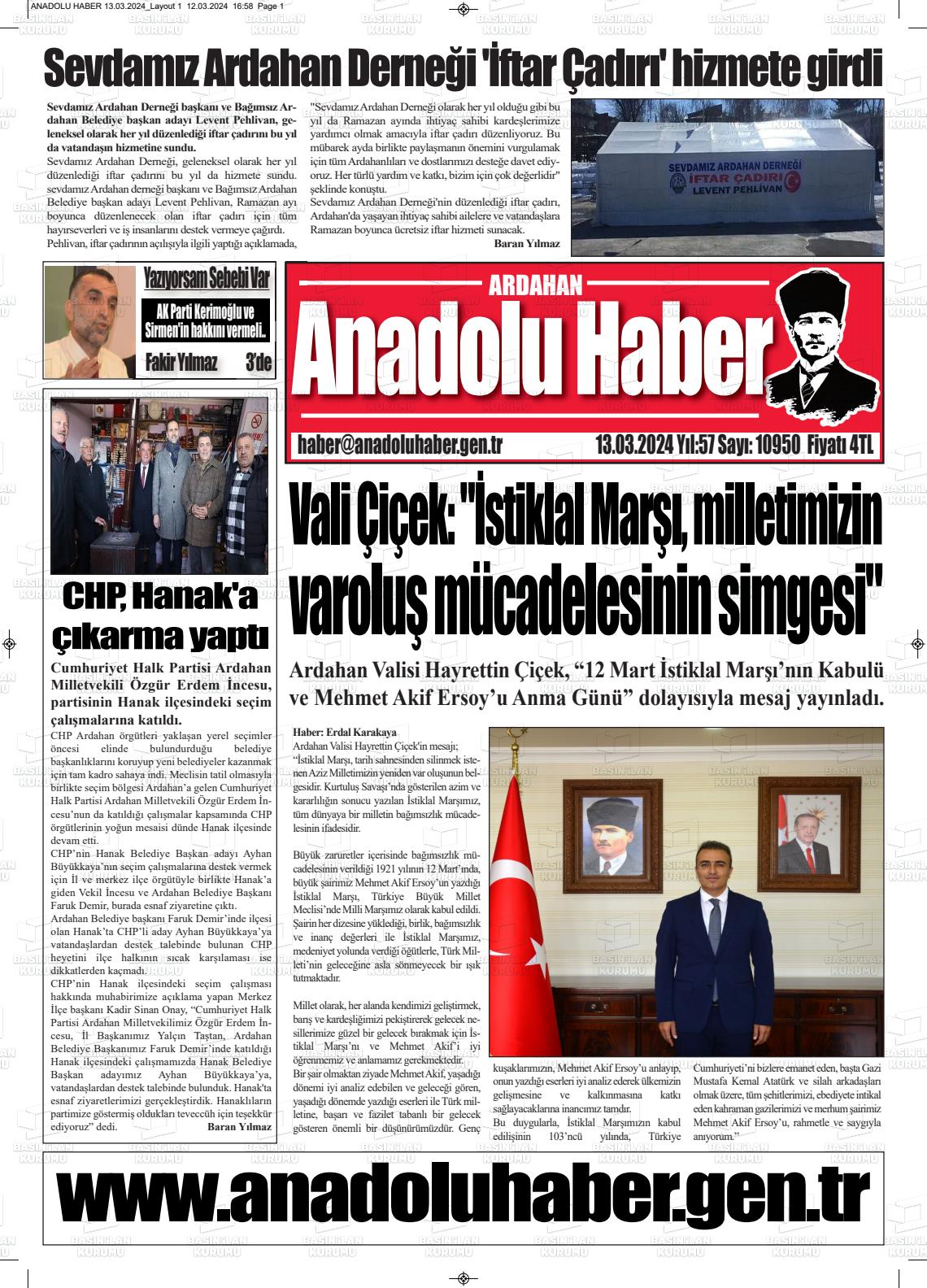 13 Mart 2024 Ardahan Anadolu Haber Gazete Manşeti