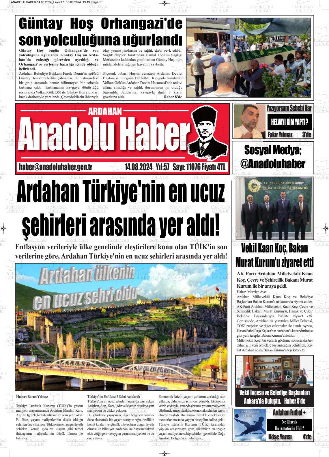 14 Ağustos 2024 Ardahan Anadolu Haber Gazete Manşeti