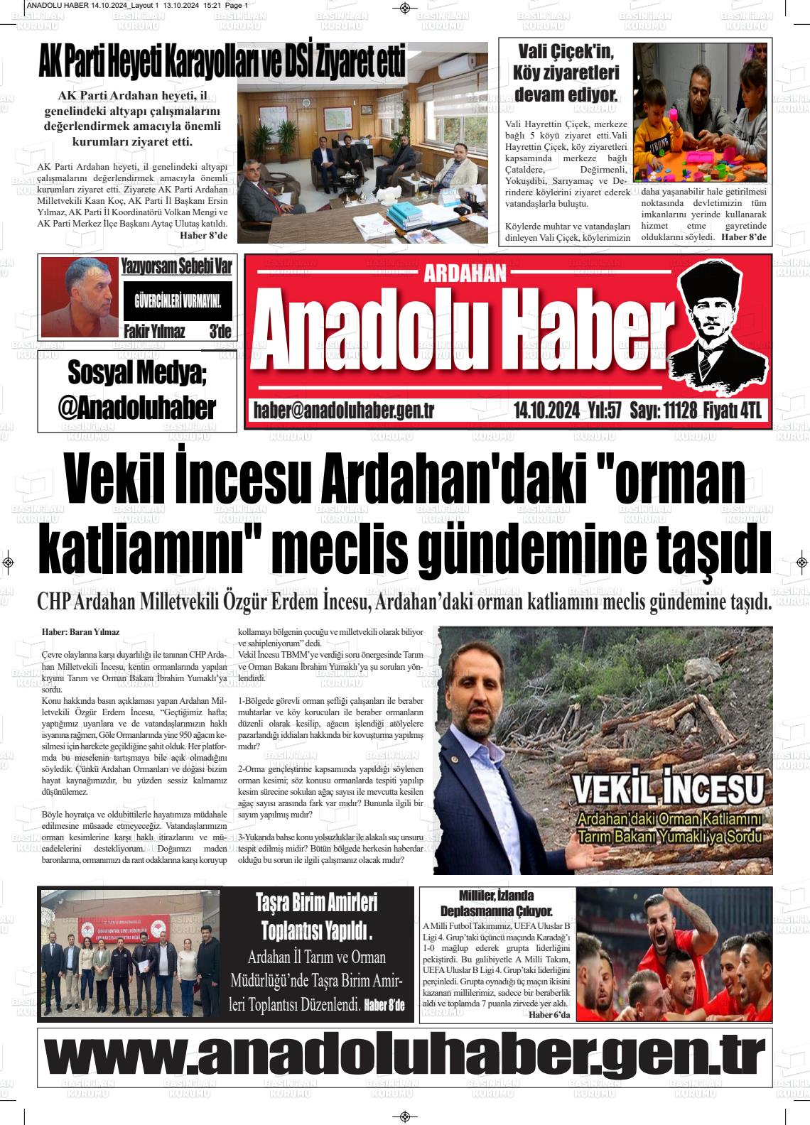 14 Ekim 2024 Ardahan Anadolu Haber Gazete Manşeti