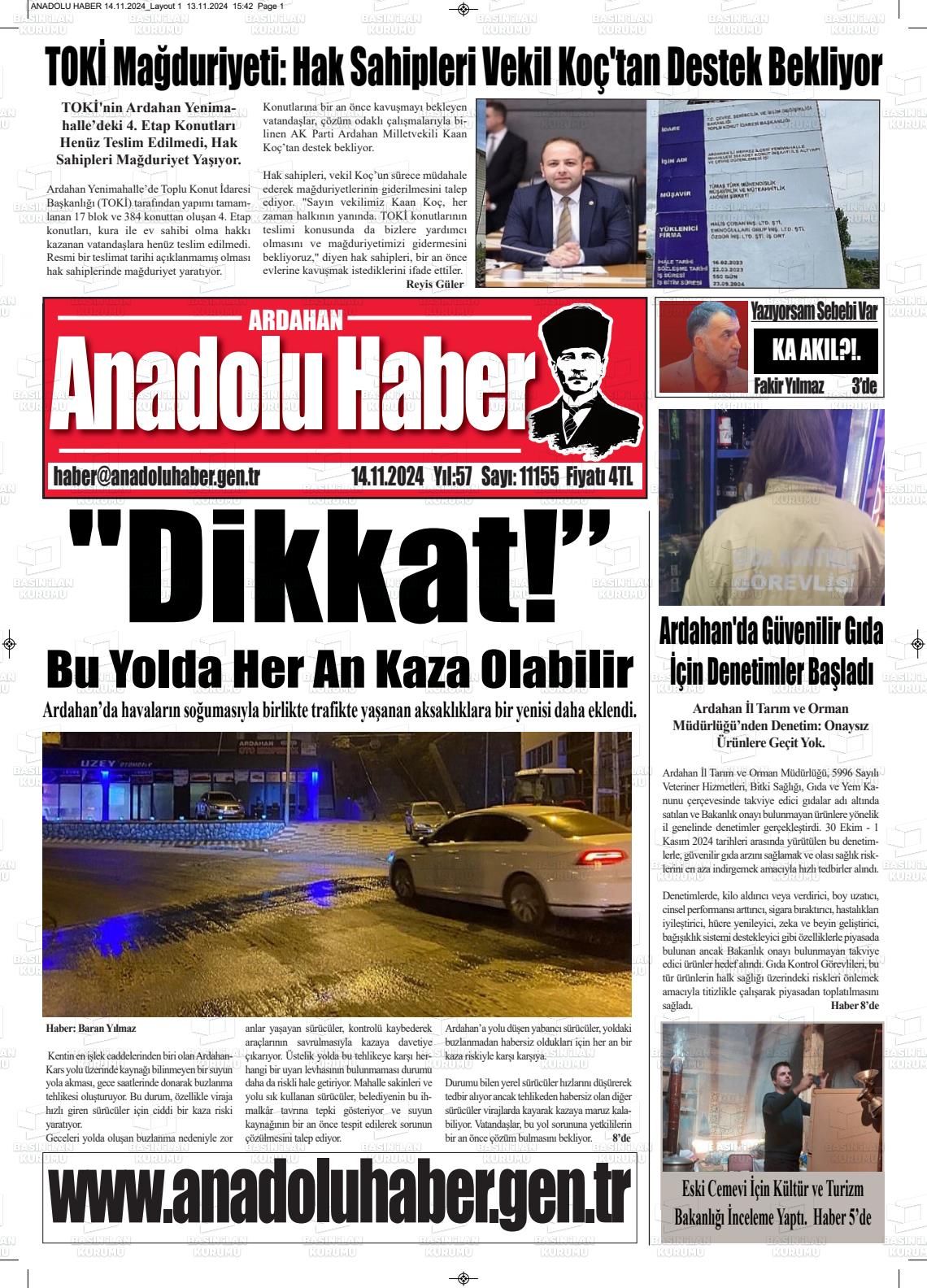 14 Kasım 2024 Ardahan Anadolu Haber Gazete Manşeti