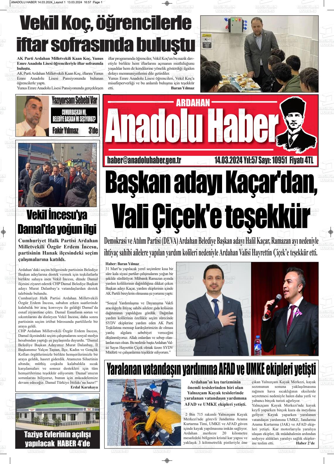 14 Mart 2024 Ardahan Anadolu Haber Gazete Manşeti