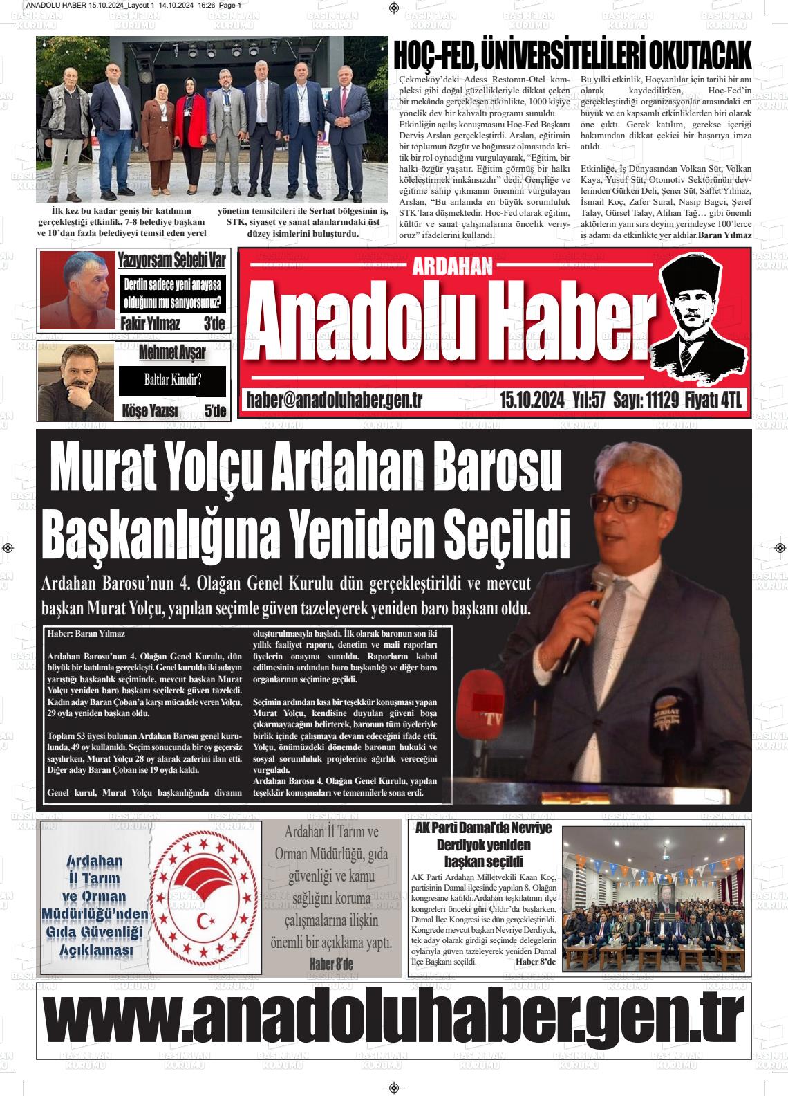 15 Ekim 2024 Ardahan Anadolu Haber Gazete Manşeti