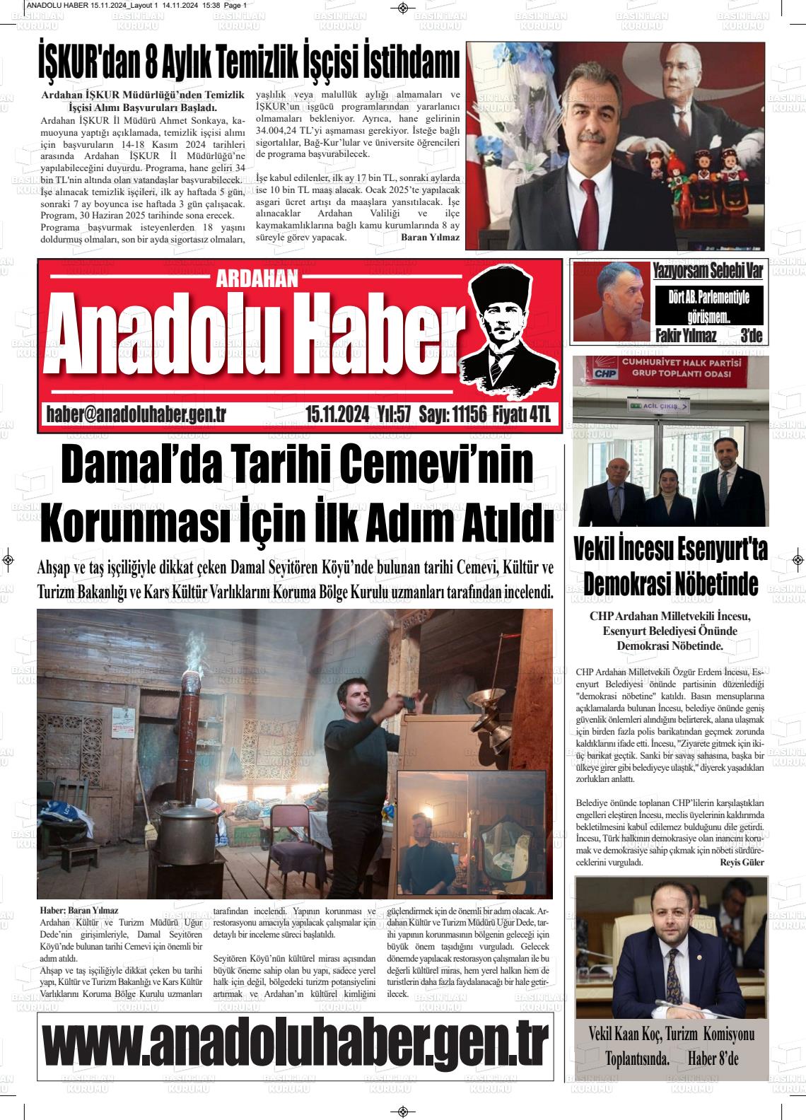 15 Kasım 2024 Ardahan Anadolu Haber Gazete Manşeti