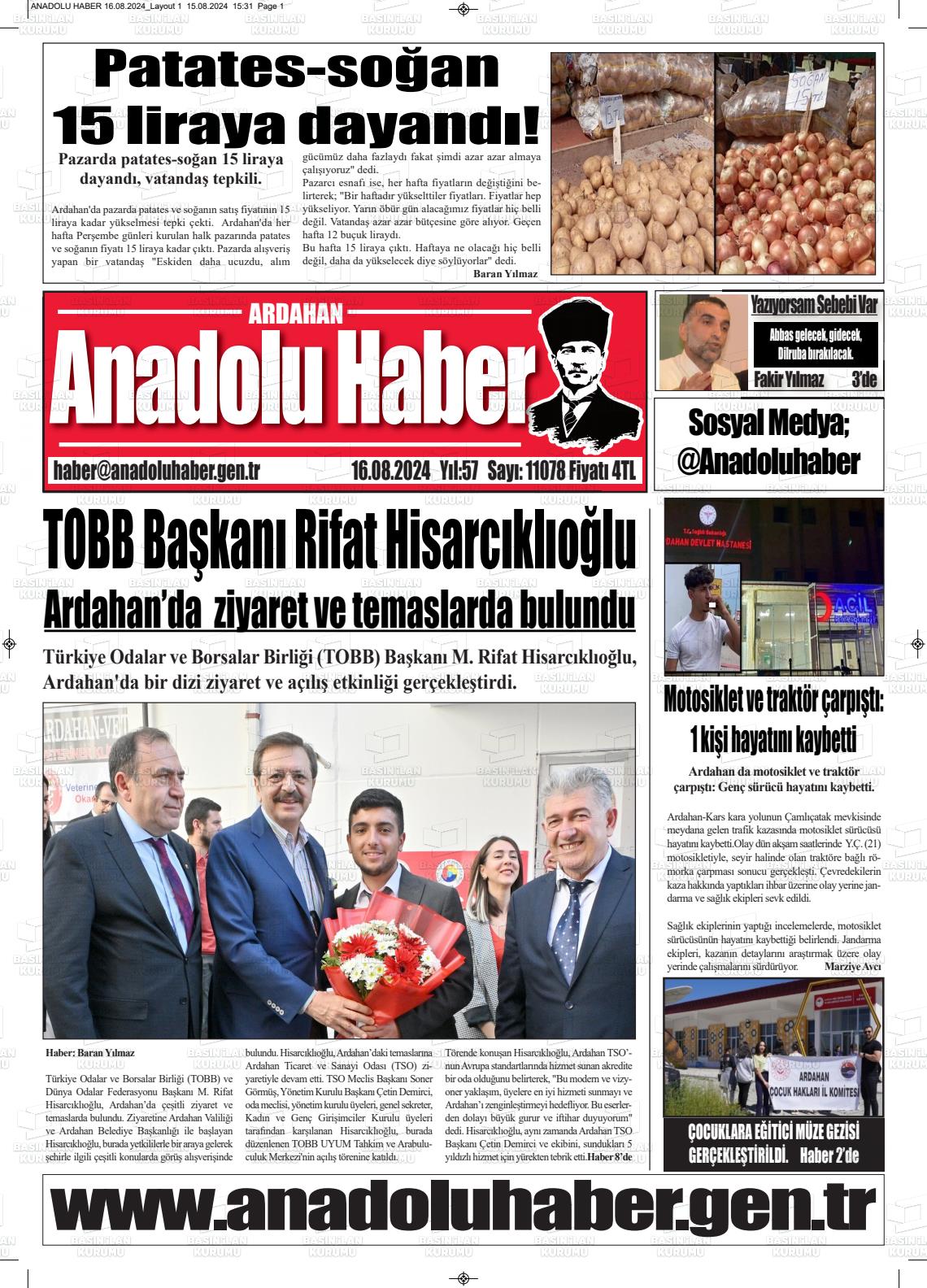 16 Ağustos 2024 Ardahan Anadolu Haber Gazete Manşeti