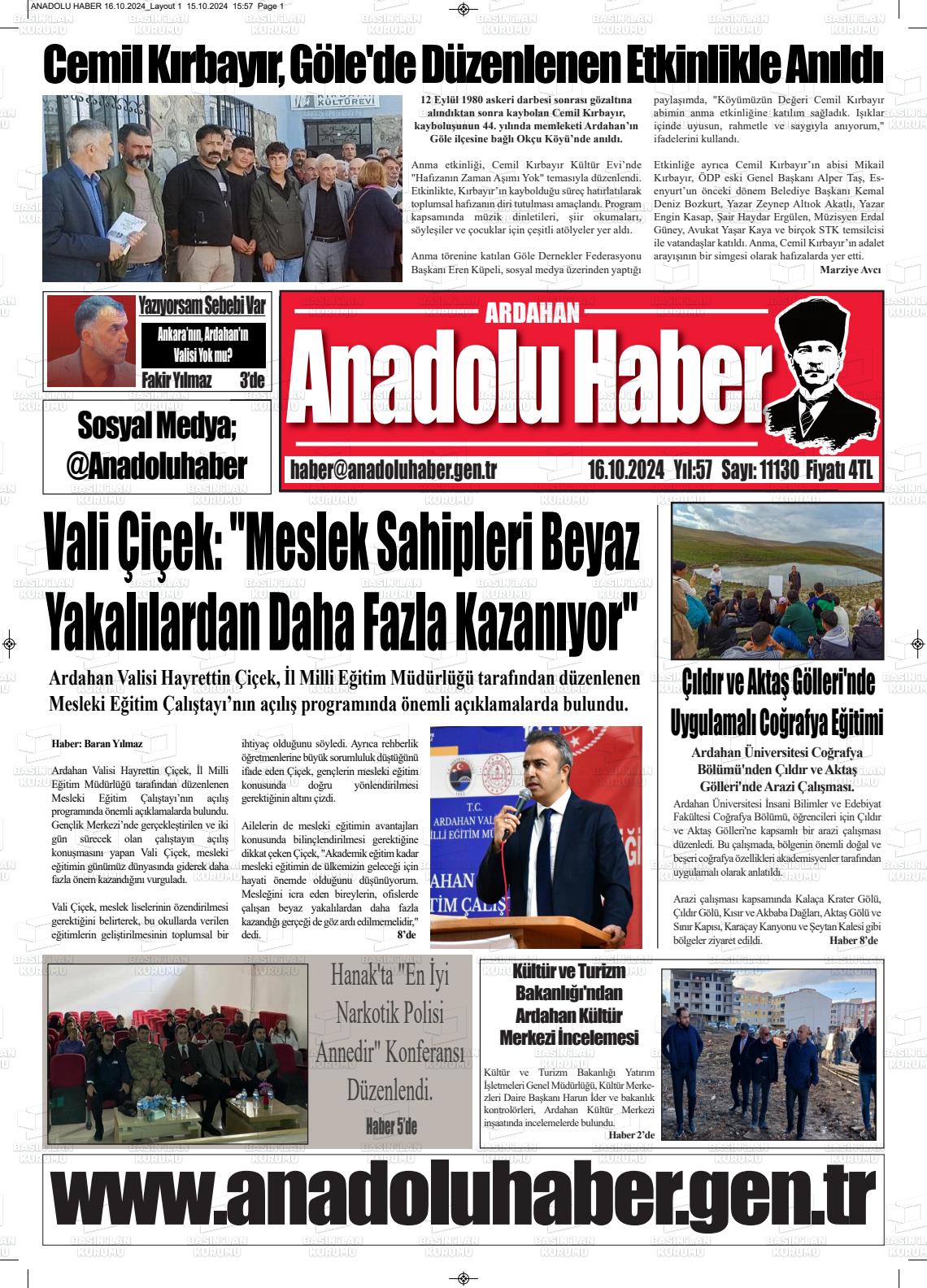 16 Ekim 2024 Ardahan Anadolu Haber Gazete Manşeti