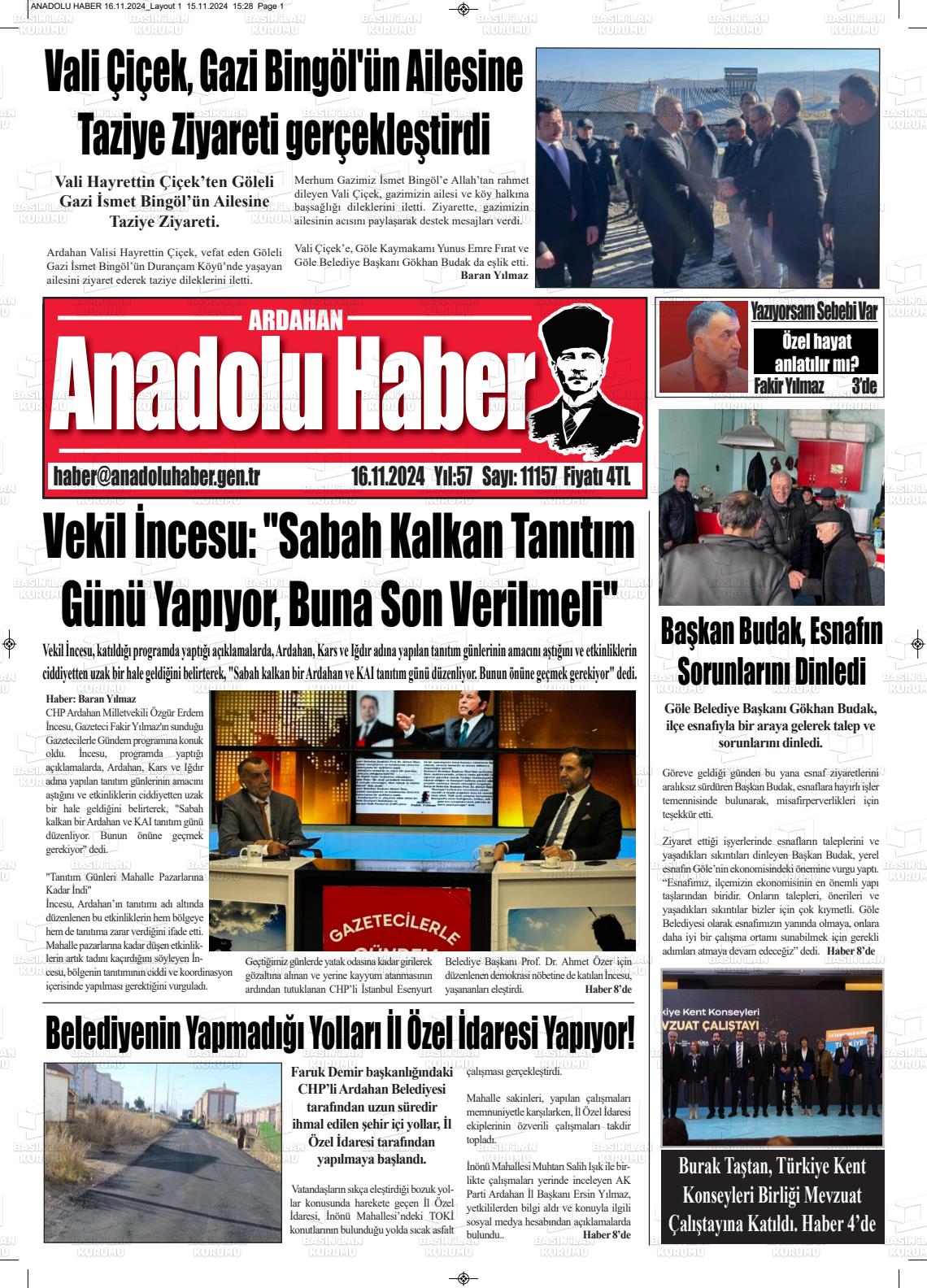 16 Kasım 2024 Ardahan Anadolu Haber Gazete Manşeti