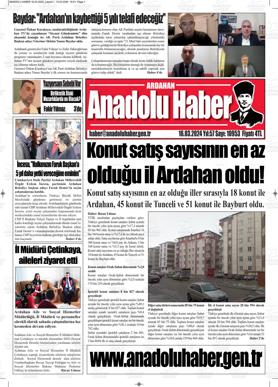 16 Mart 2024 Ardahan Anadolu Haber Gazete Manşeti