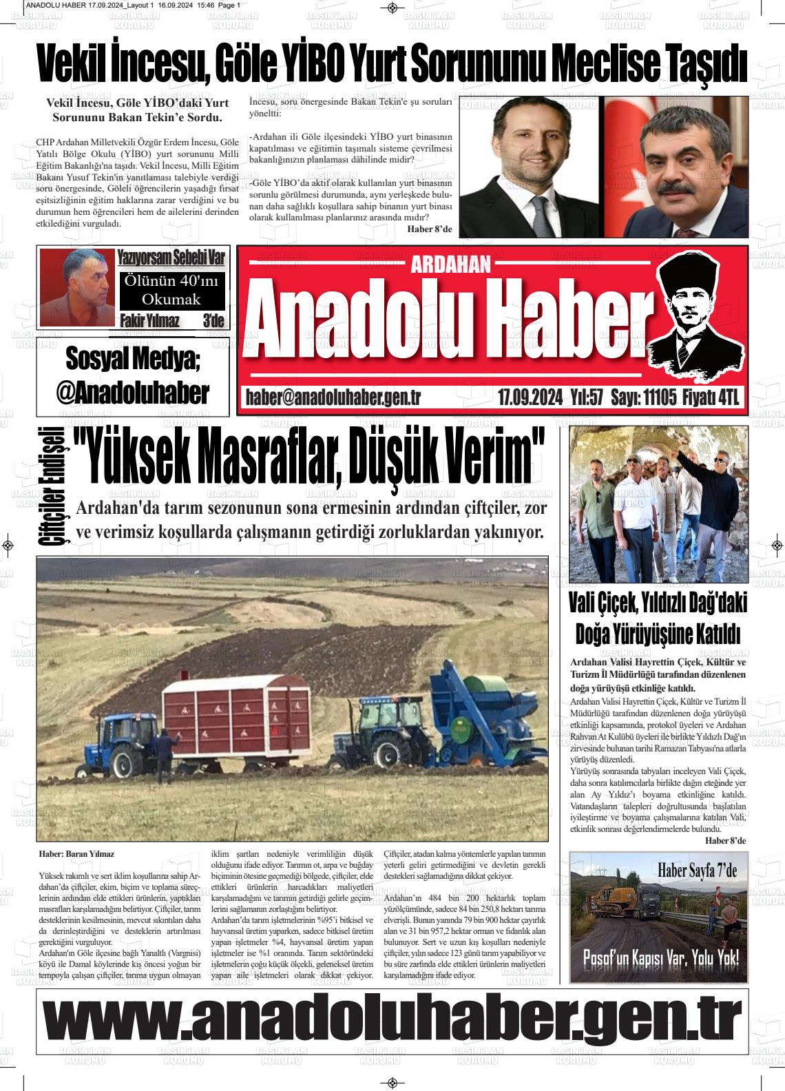 17 Eylül 2024 Ardahan Anadolu Haber Gazete Manşeti