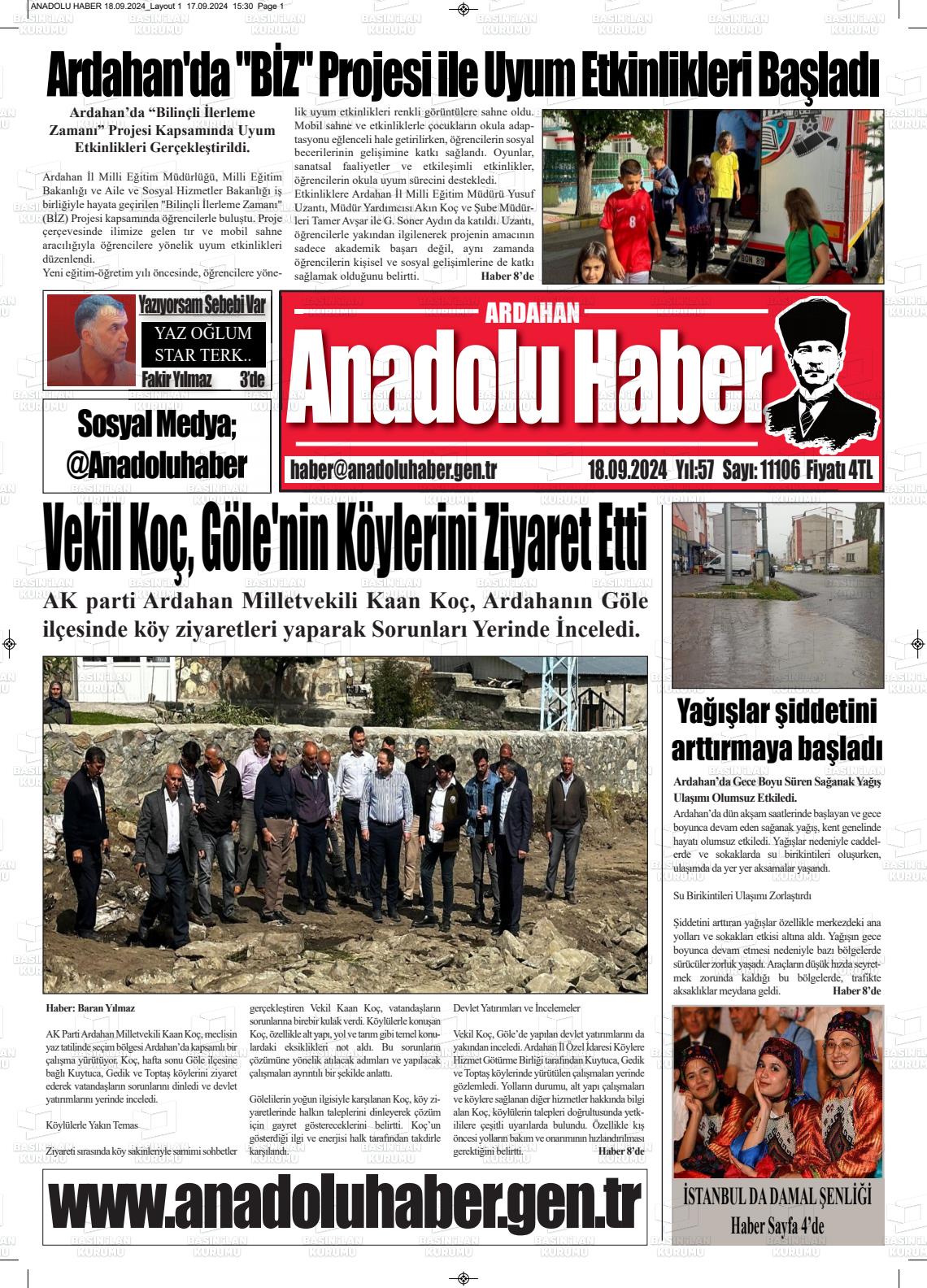 18 Eylül 2024 Ardahan Anadolu Haber Gazete Manşeti