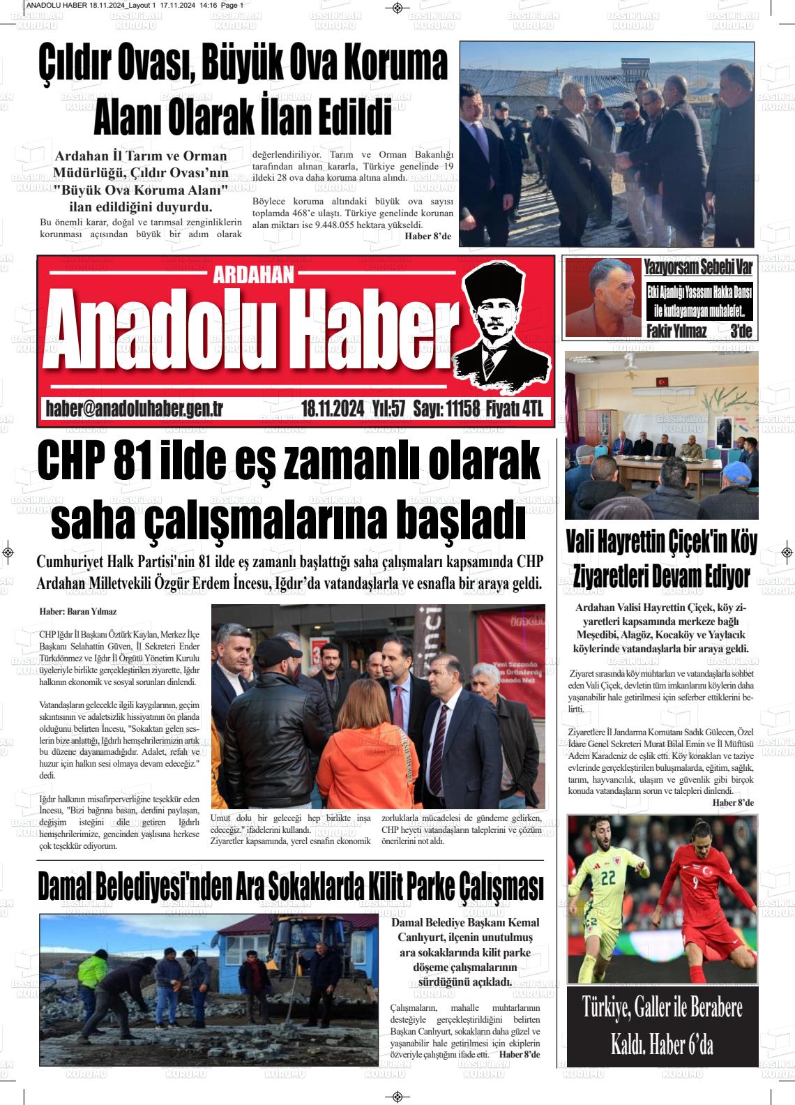 18 Kasım 2024 Ardahan Anadolu Haber Gazete Manşeti