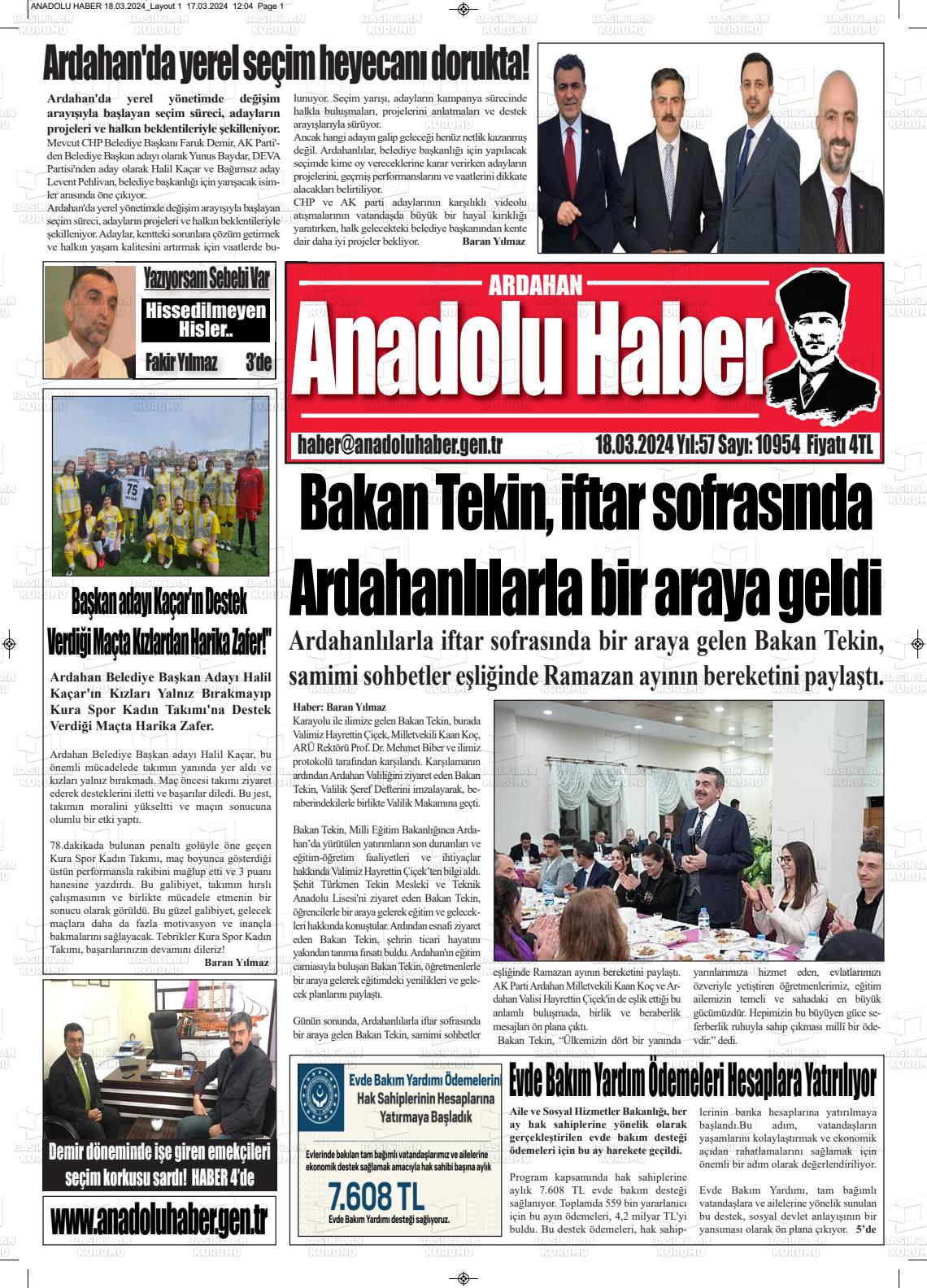 18 Mart 2024 Ardahan Anadolu Haber Gazete Manşeti