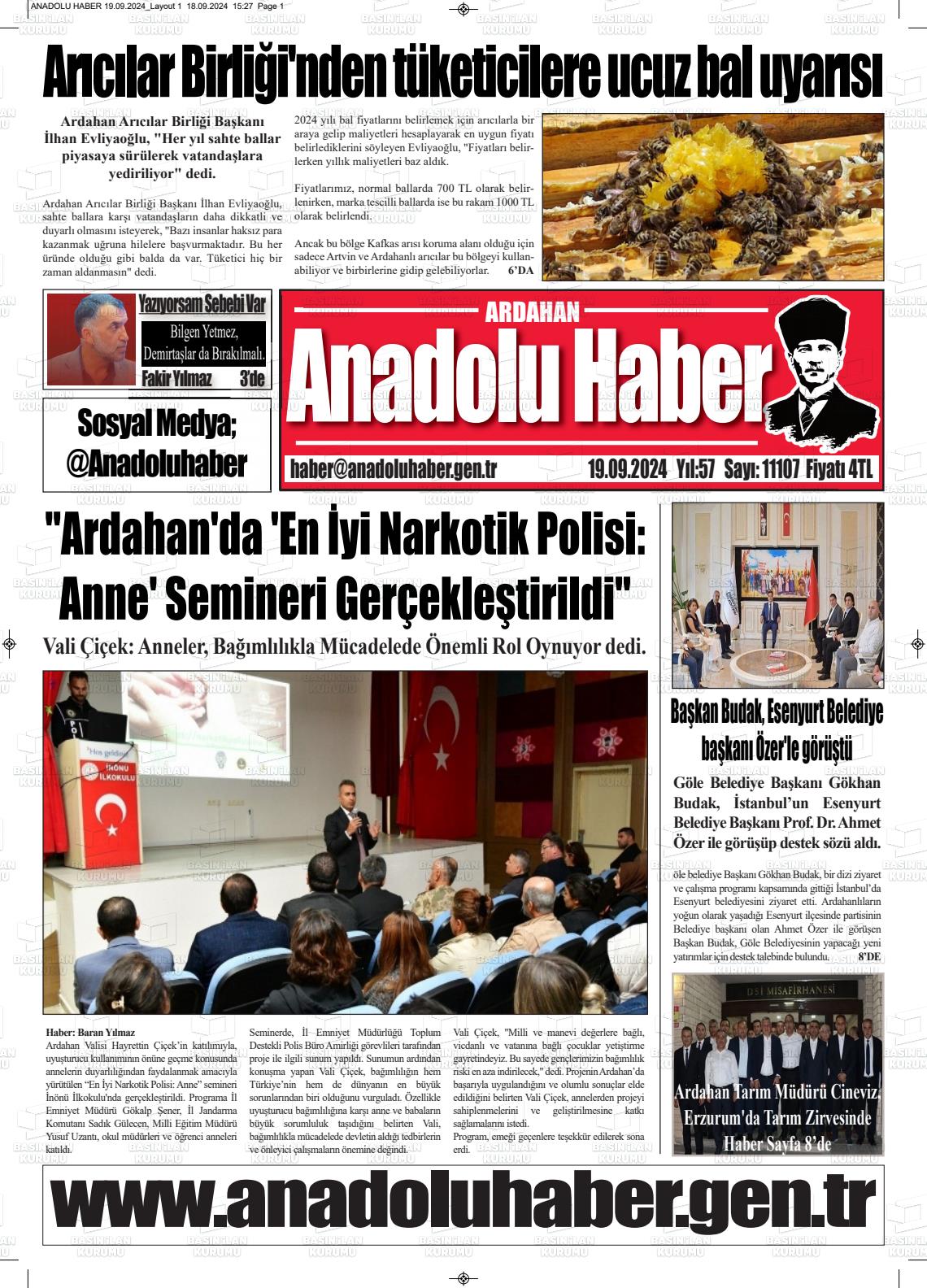 19 Eylül 2024 Ardahan Anadolu Haber Gazete Manşeti