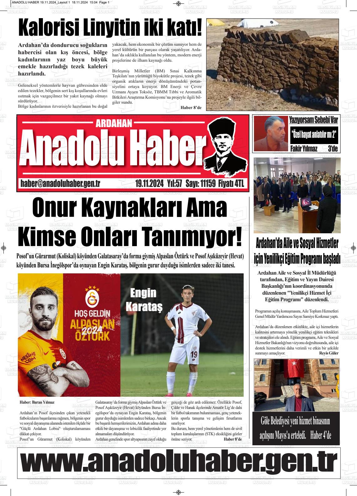 19 Kasım 2024 Ardahan Anadolu Haber Gazete Manşeti