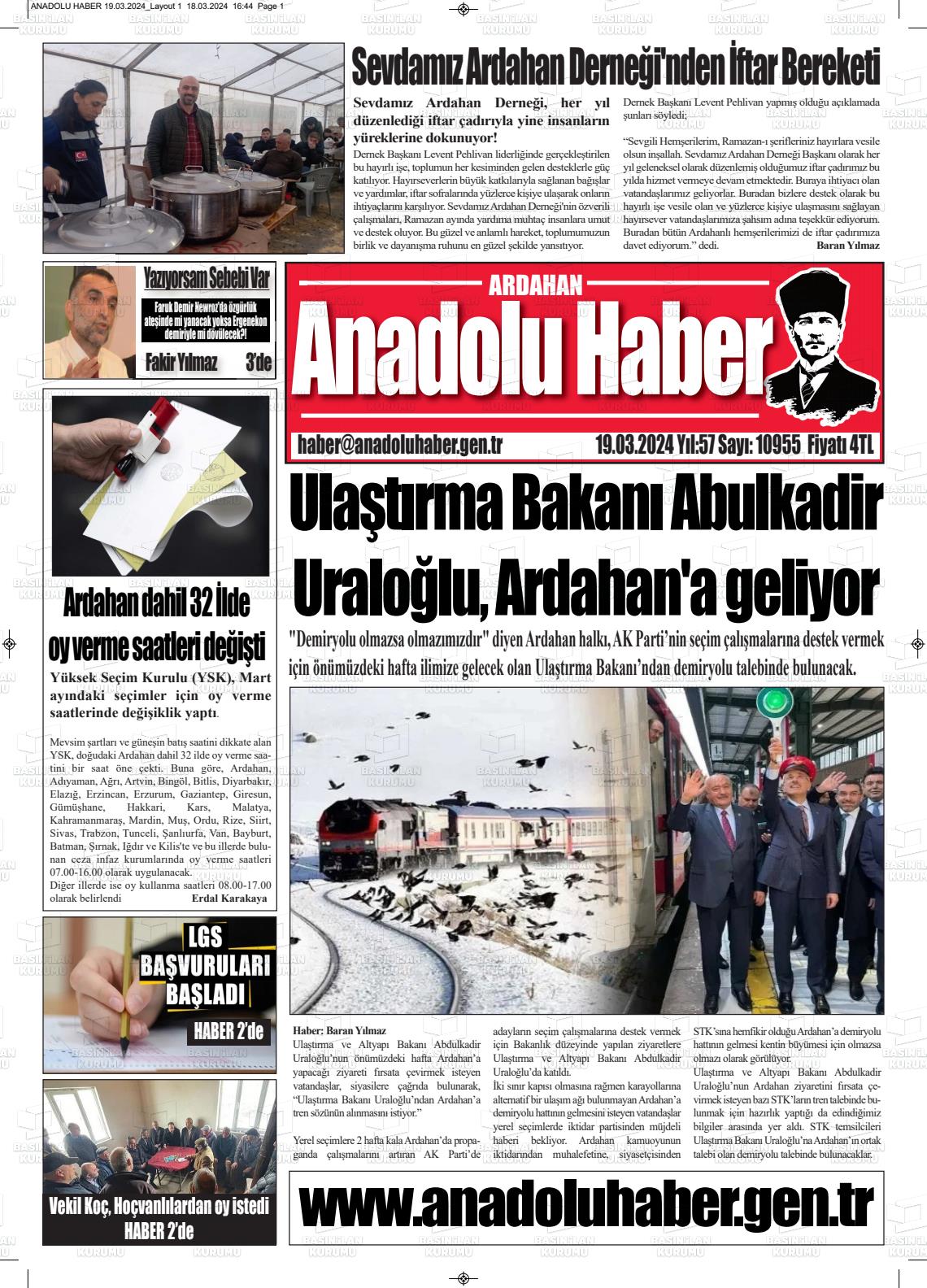 19 Mart 2024 Ardahan Anadolu Haber Gazete Manşeti