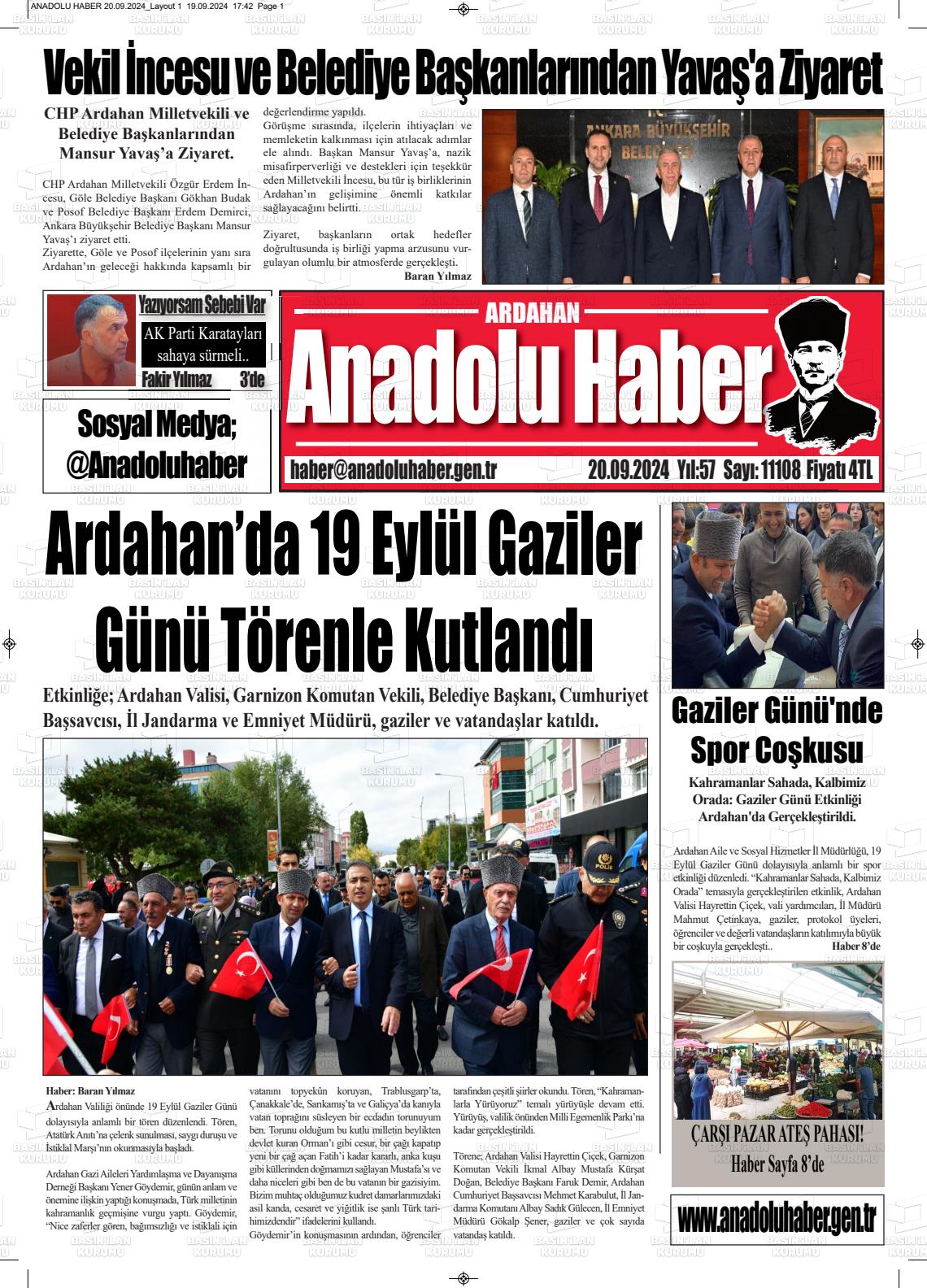 20 Eylül 2024 Ardahan Anadolu Haber Gazete Manşeti