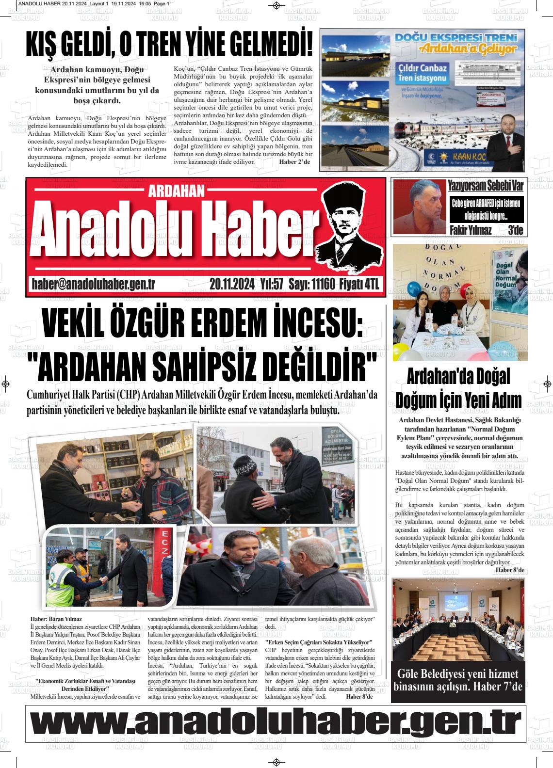 20 Kasım 2024 Ardahan Anadolu Haber Gazete Manşeti