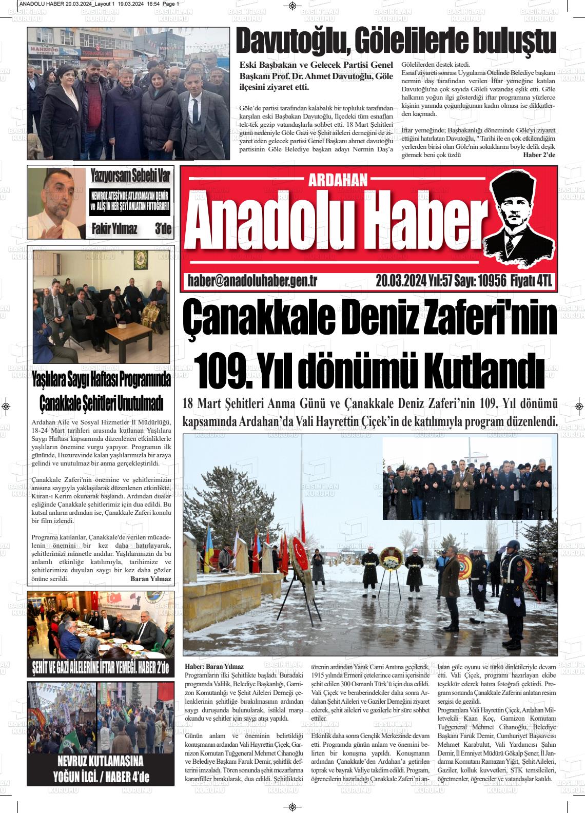 20 Mart 2024 Ardahan Anadolu Haber Gazete Manşeti