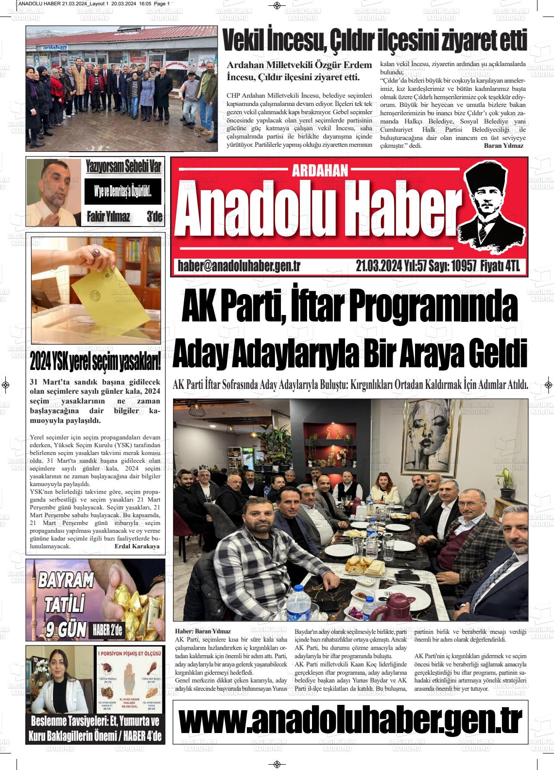 21 Mart 2024 Ardahan Anadolu Haber Gazete Manşeti