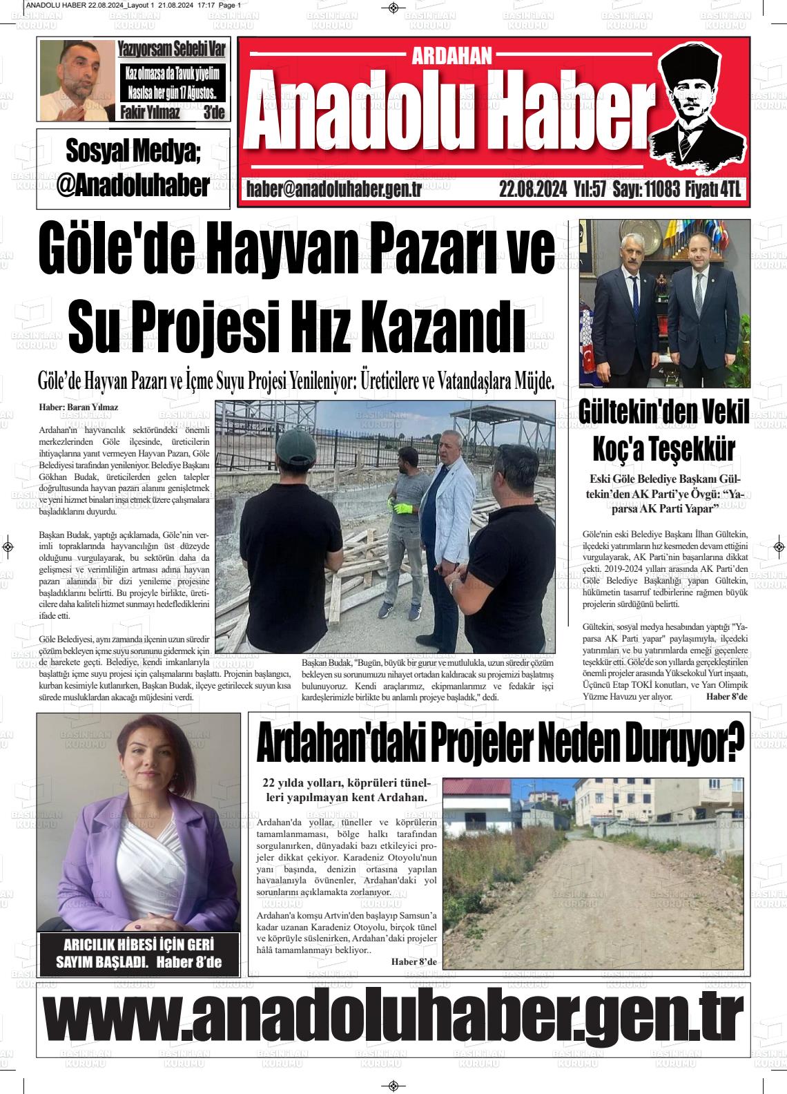 22 Ağustos 2024 Ardahan Anadolu Haber Gazete Manşeti