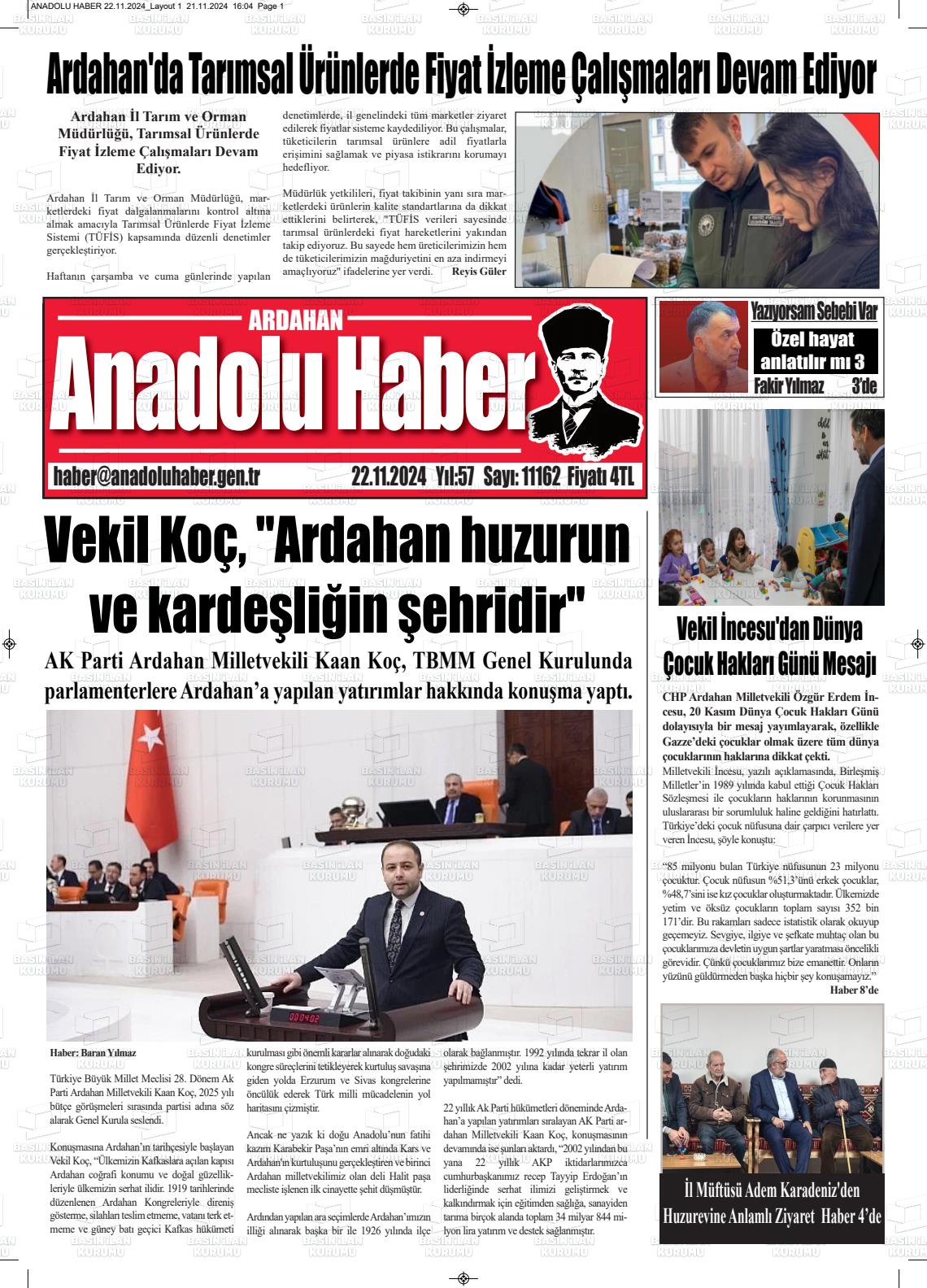 22 Kasım 2024 Ardahan Anadolu Haber Gazete Manşeti