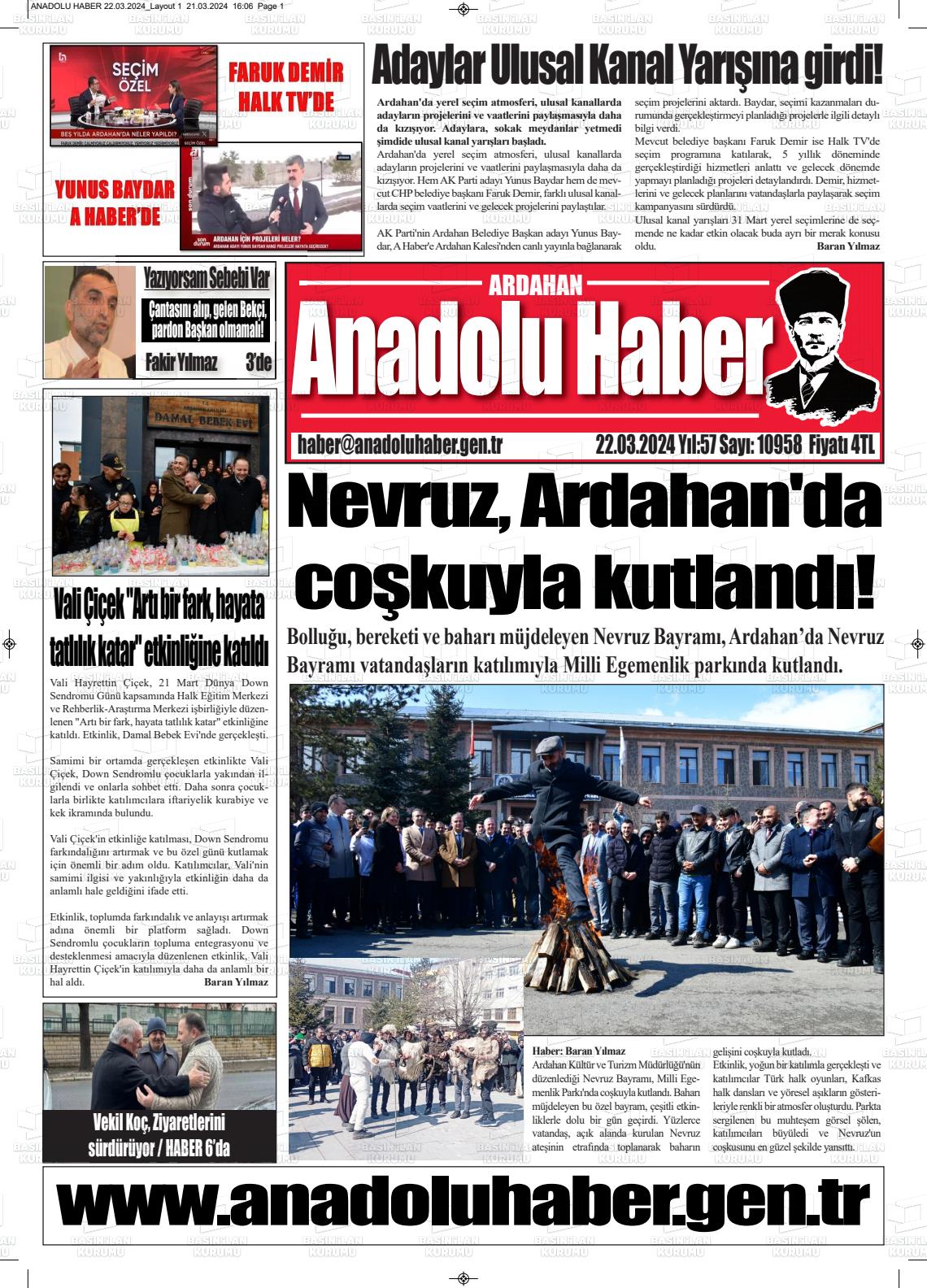 22 Mart 2024 Ardahan Anadolu Haber Gazete Manşeti