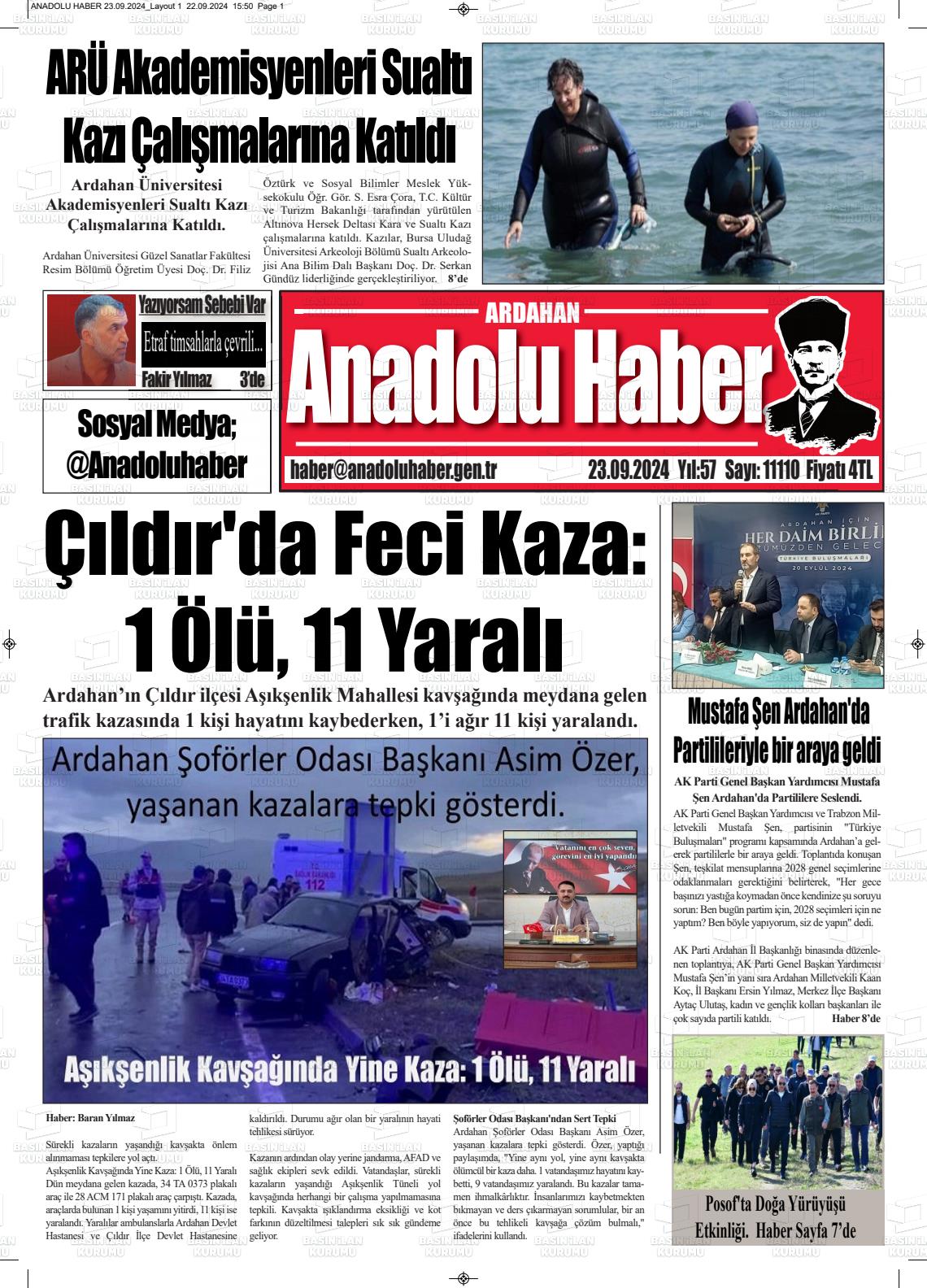 23 Eylül 2024 Ardahan Anadolu Haber Gazete Manşeti