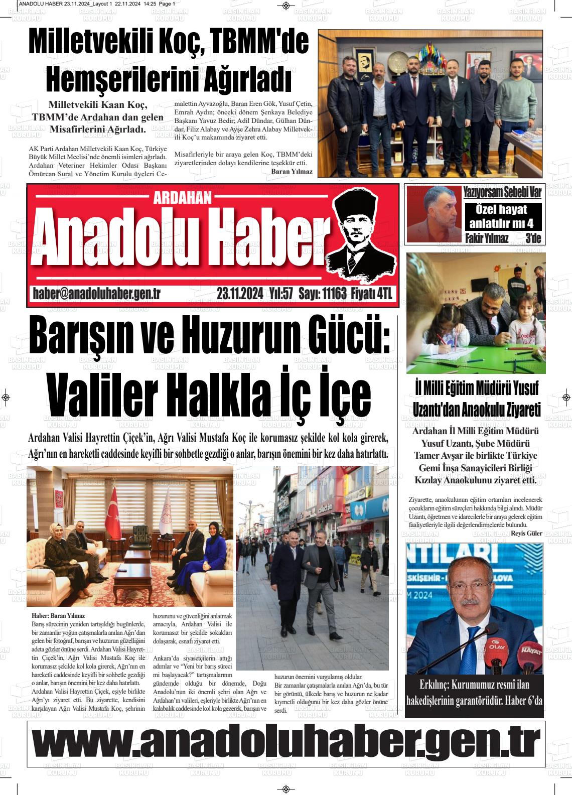 23 Kasım 2024 Ardahan Anadolu Haber Gazete Manşeti