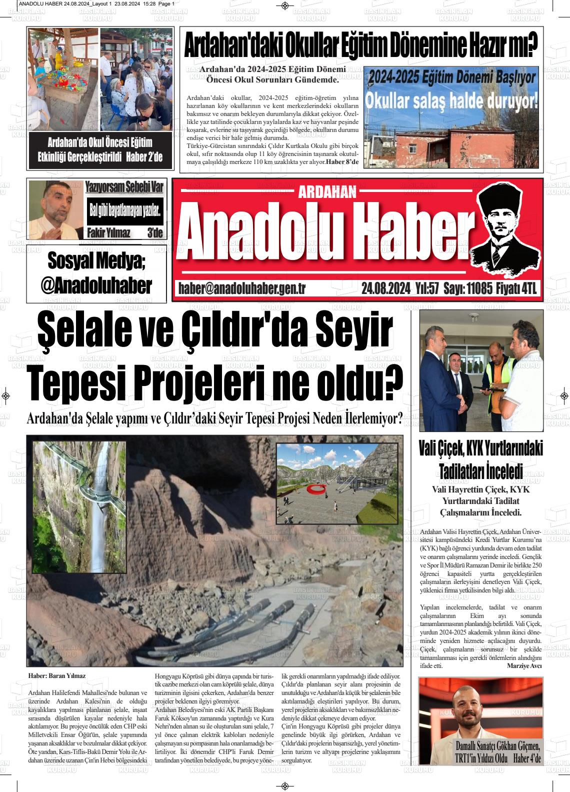 24 Ağustos 2024 Ardahan Anadolu Haber Gazete Manşeti