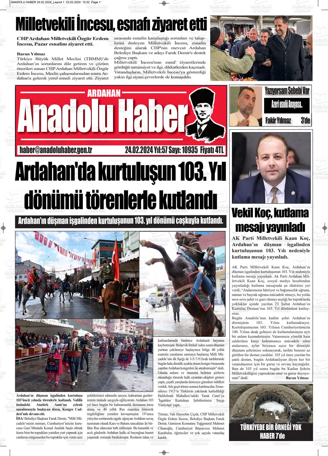 24 Şubat 2024 Ardahan Anadolu Haber Gazete Manşeti